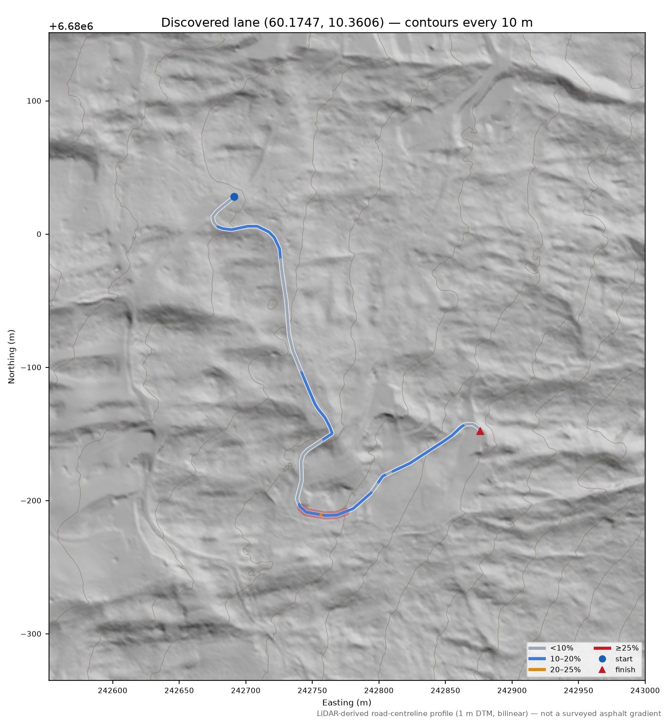 Lane near Østengen LiDAR hillshade map with contours