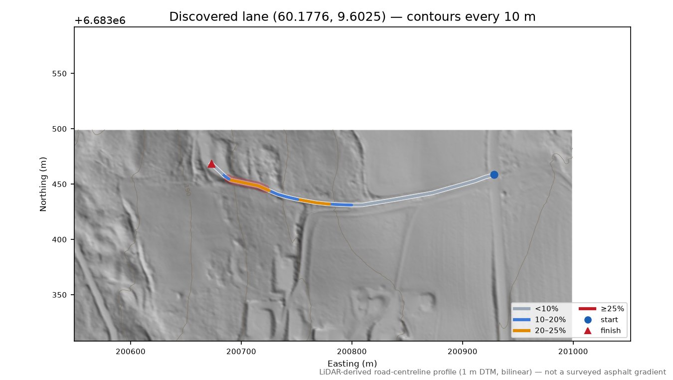 Vestsideveien (Nore) LiDAR hillshade map with contours