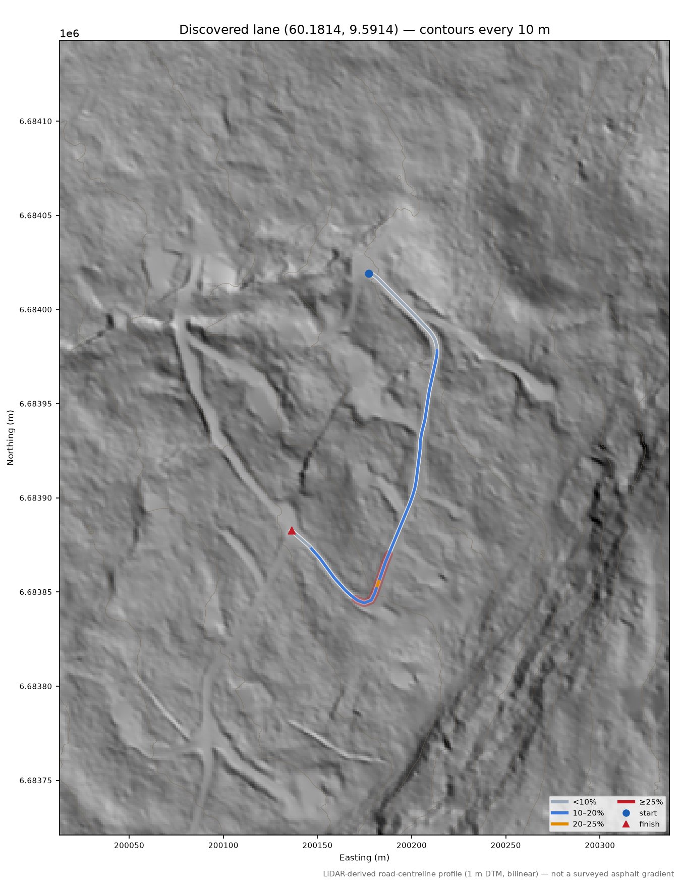 Lane near Nore LiDAR hillshade map with contours