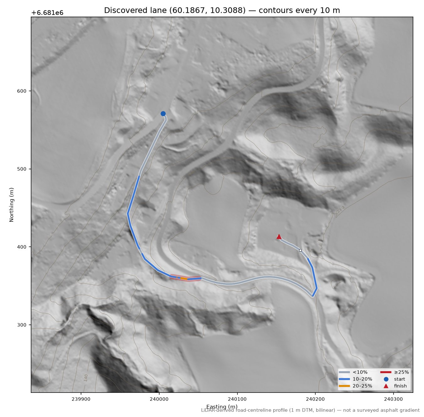 Hvalsveien (Hval) LiDAR hillshade map with contours