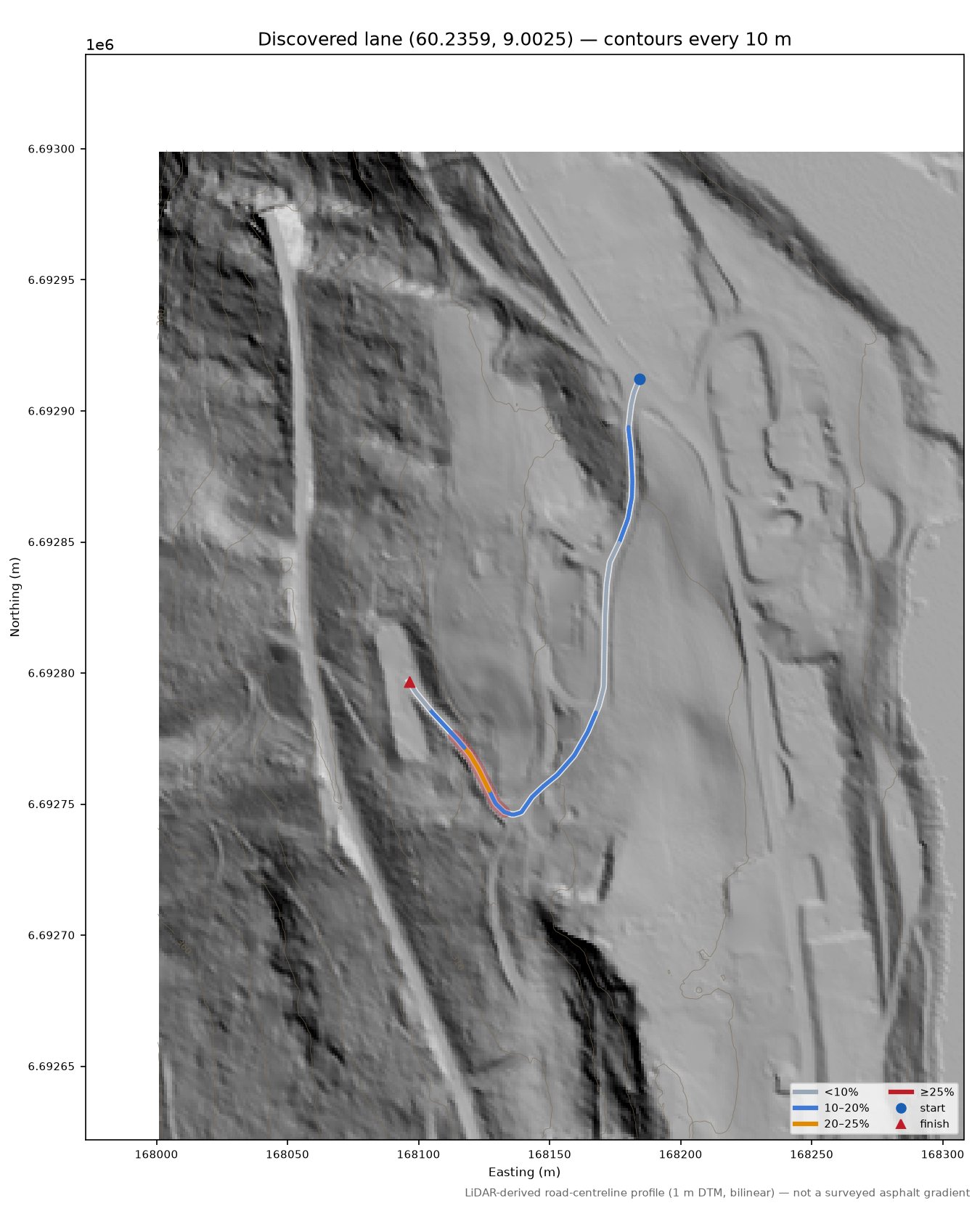 Sandnesvegen (Sevle) LiDAR hillshade map with contours