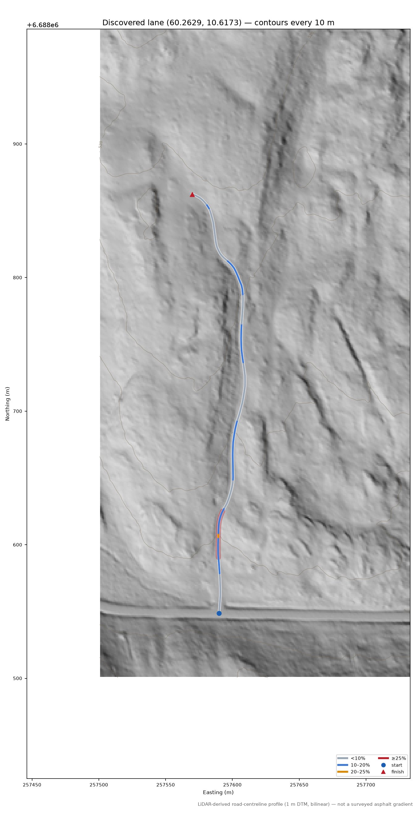 Sveavegen (Kjørvensætra) LiDAR hillshade map with contours