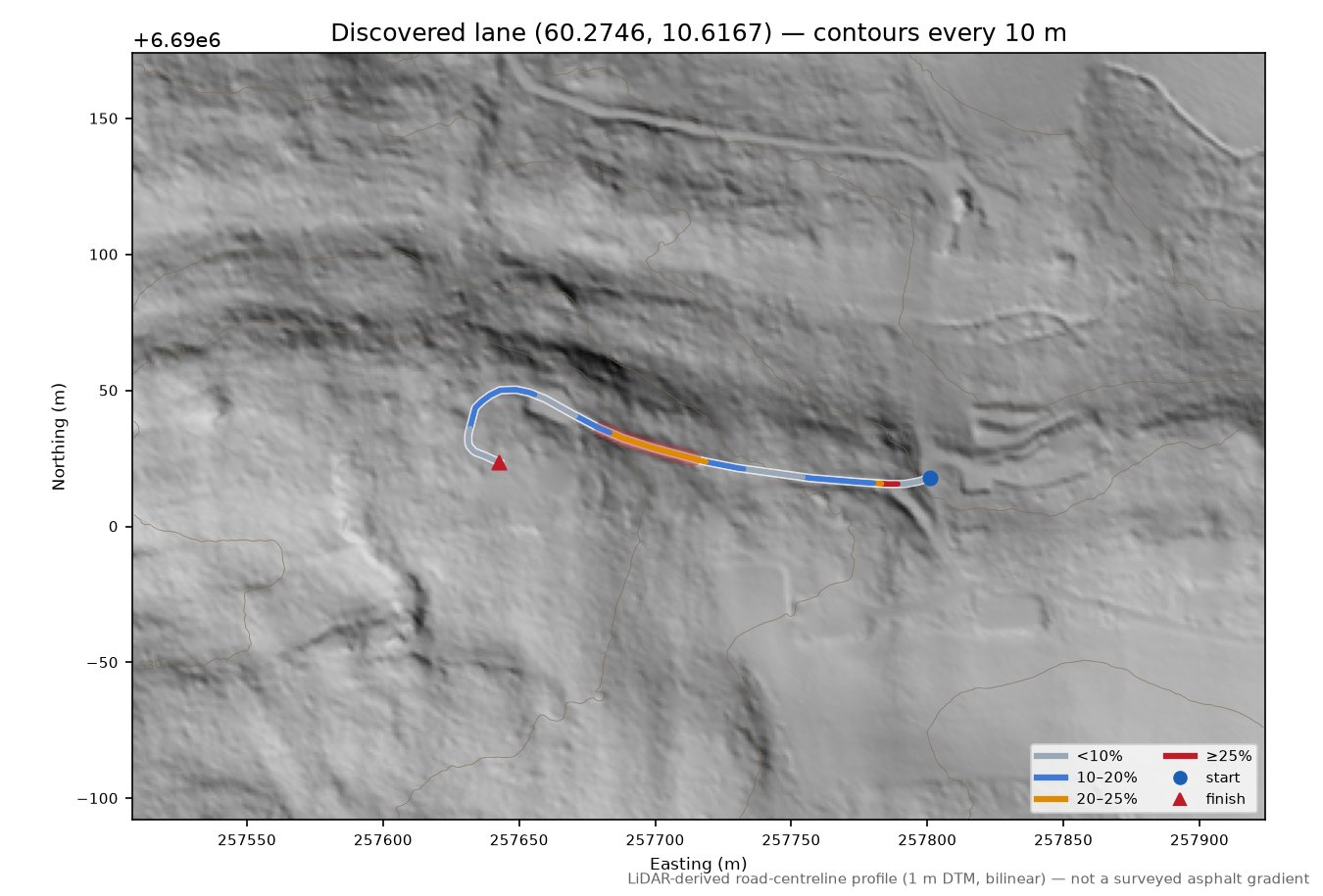 Lane near Frågått LiDAR hillshade map with contours