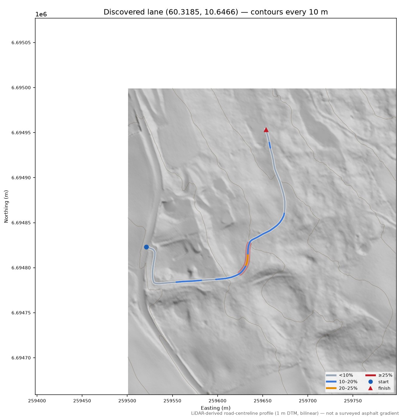 Søndre Ålsveg (Stokke) LiDAR hillshade map with contours