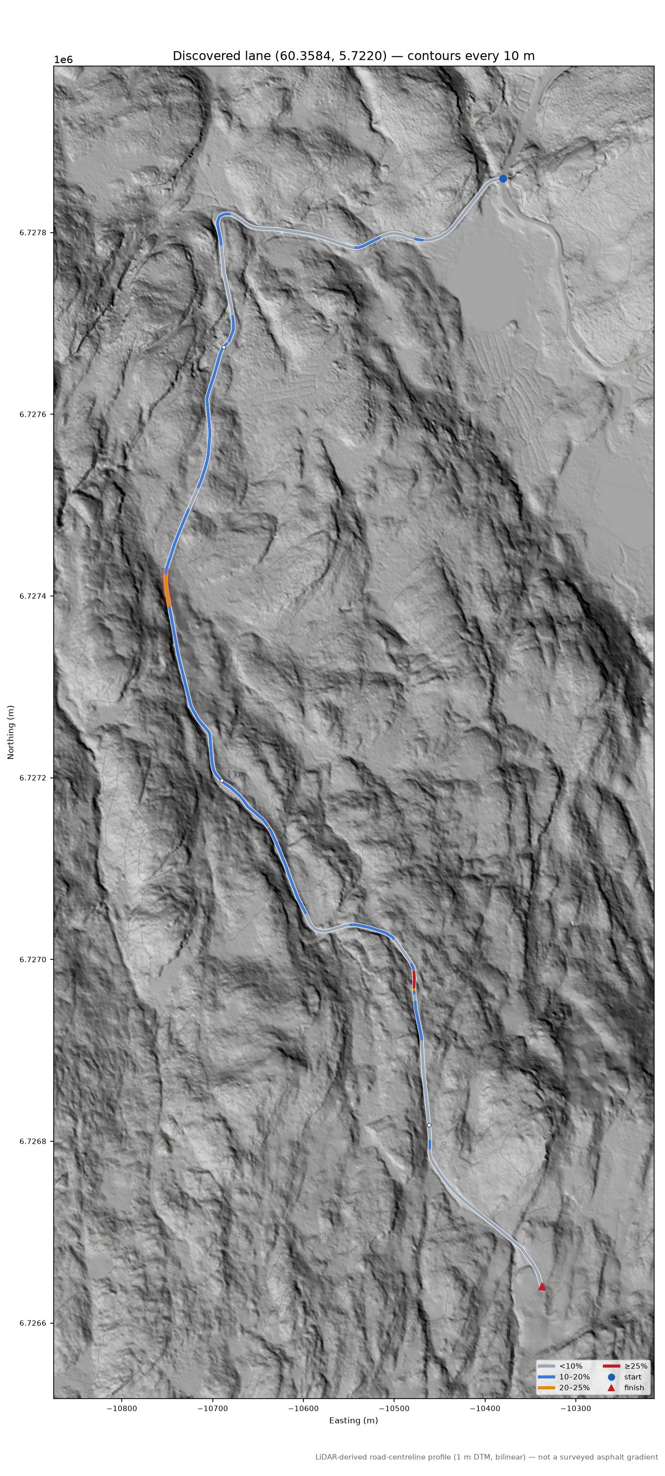 Lane near Ytste Barmen LiDAR hillshade map with contours