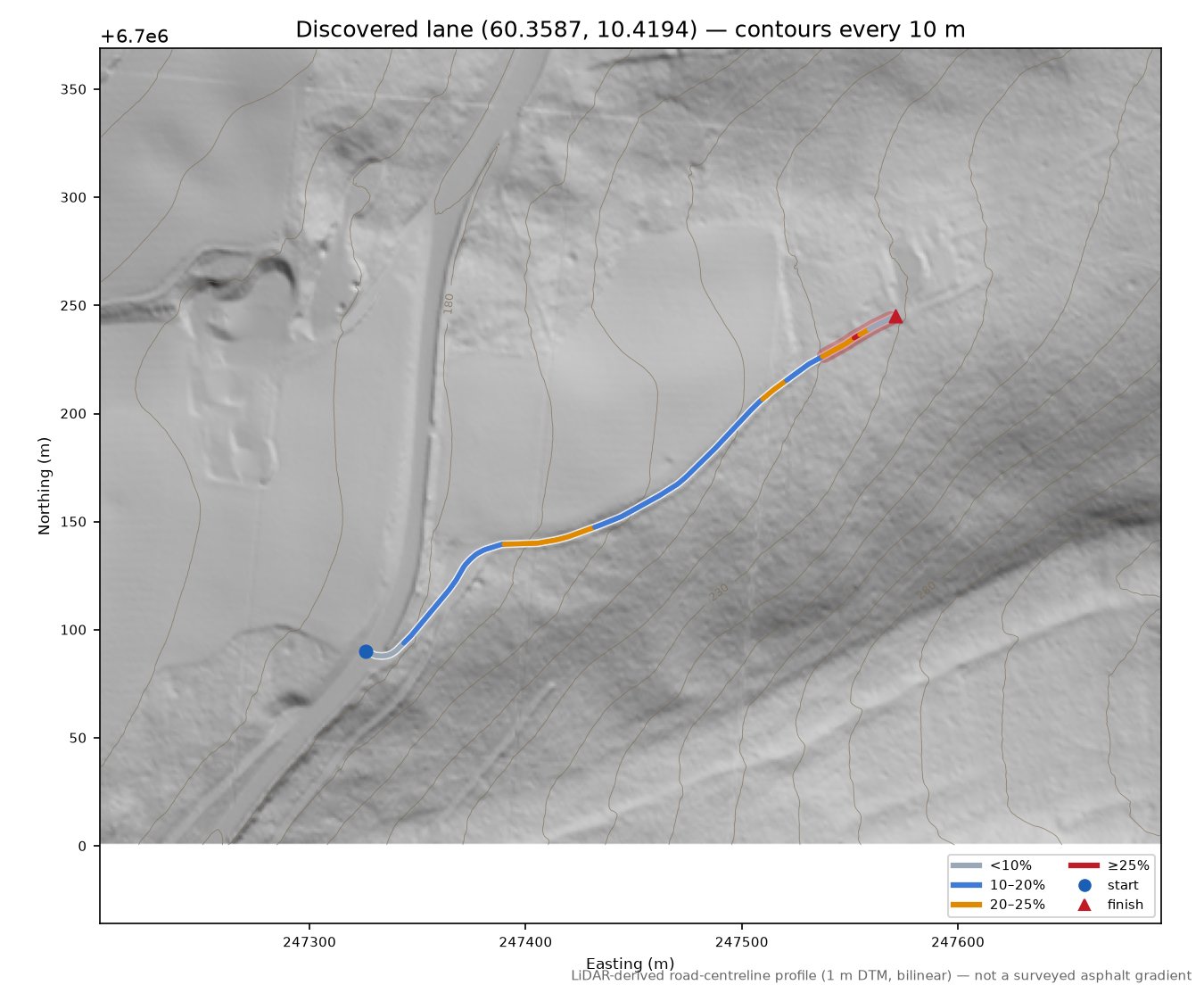 Fjordlinna (Dokka) LiDAR hillshade map with contours