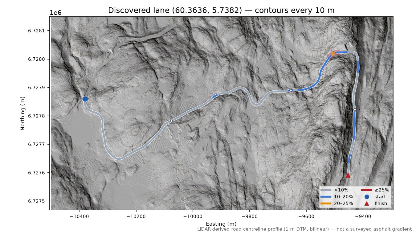 Lane near Ytste Barmen LiDAR hillshade map with contours