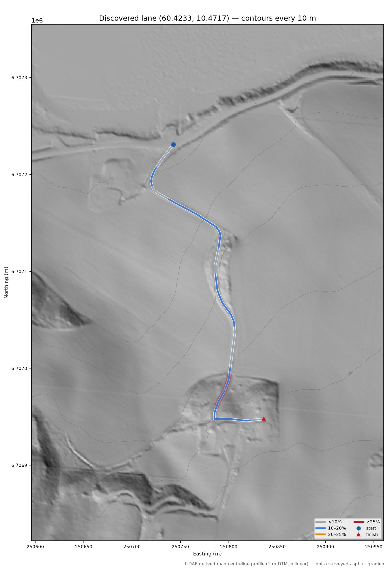 Fjordsvegen (Juliødegården) LiDAR hillshade map with contours