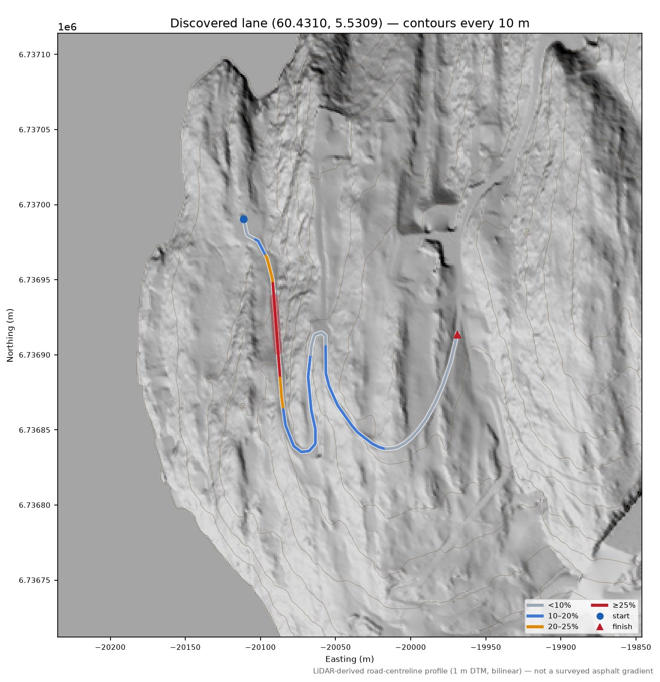 Lane near Kalvehagen LiDAR hillshade map with contours