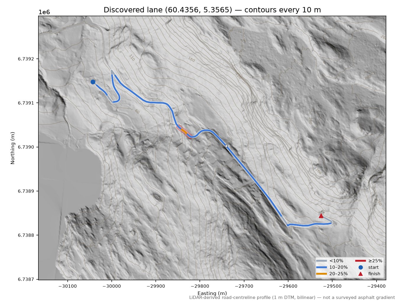 Vinddalsveien (Grønstølen) LiDAR hillshade map with contours