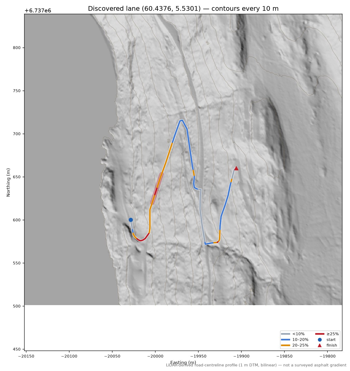 Hausvegen (Setri) LiDAR hillshade map with contours