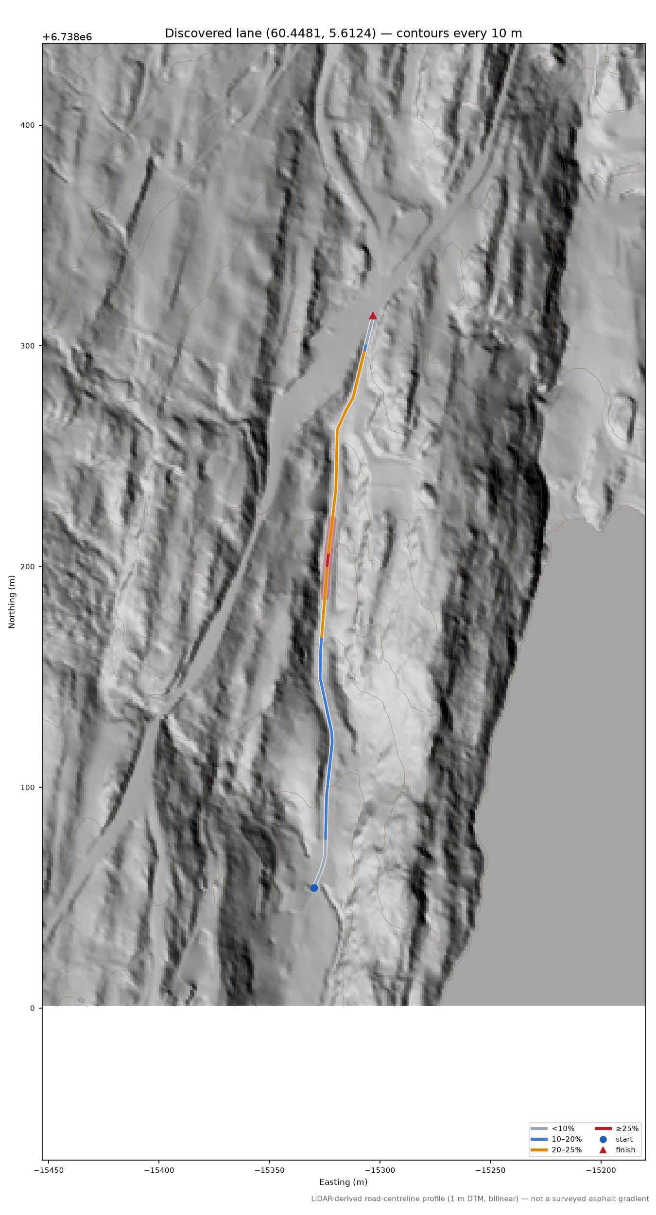 Bruvikvegen (Norhaug) LiDAR hillshade map with contours