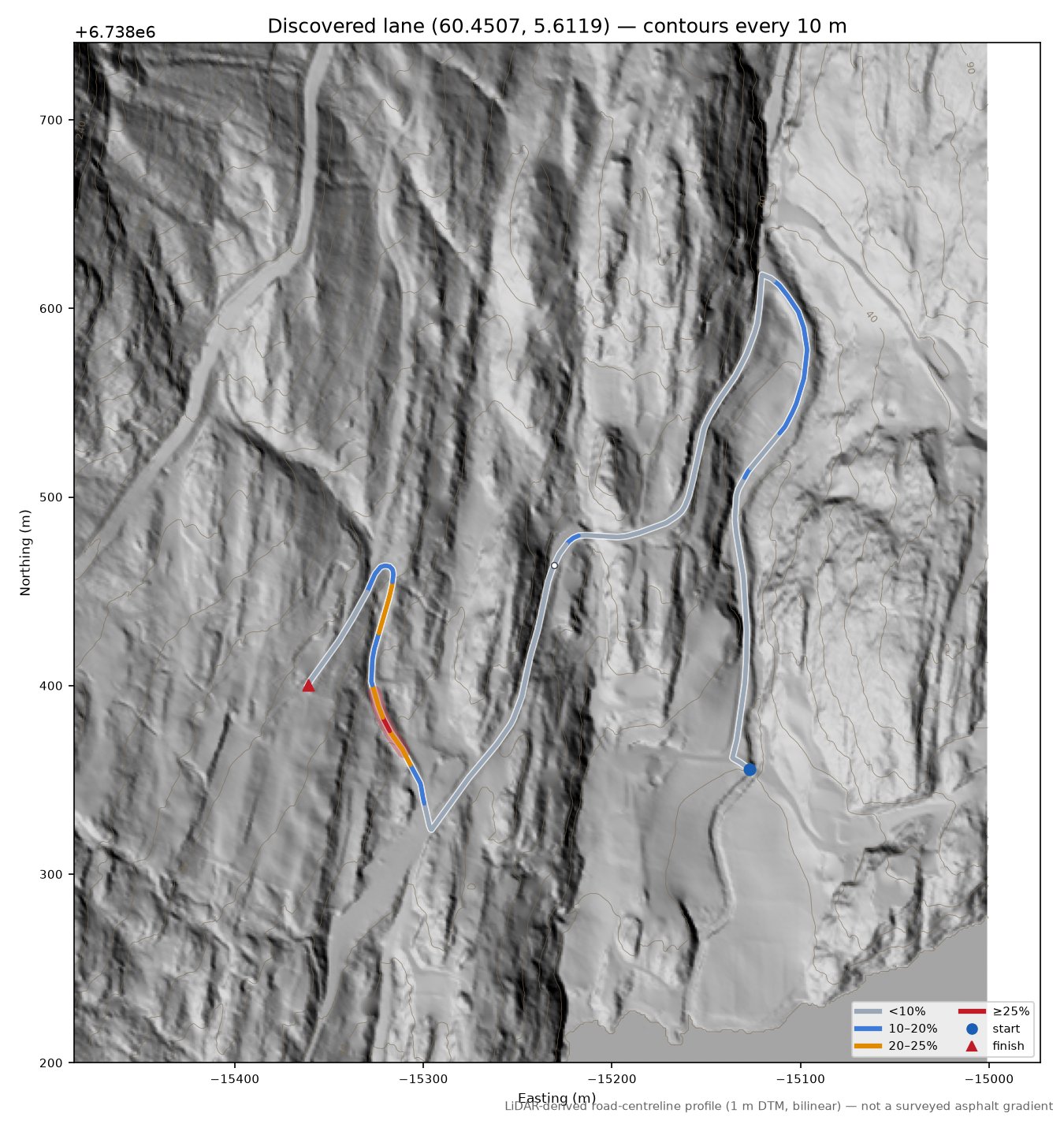Bruvikvegen (Vik) LiDAR hillshade map with contours