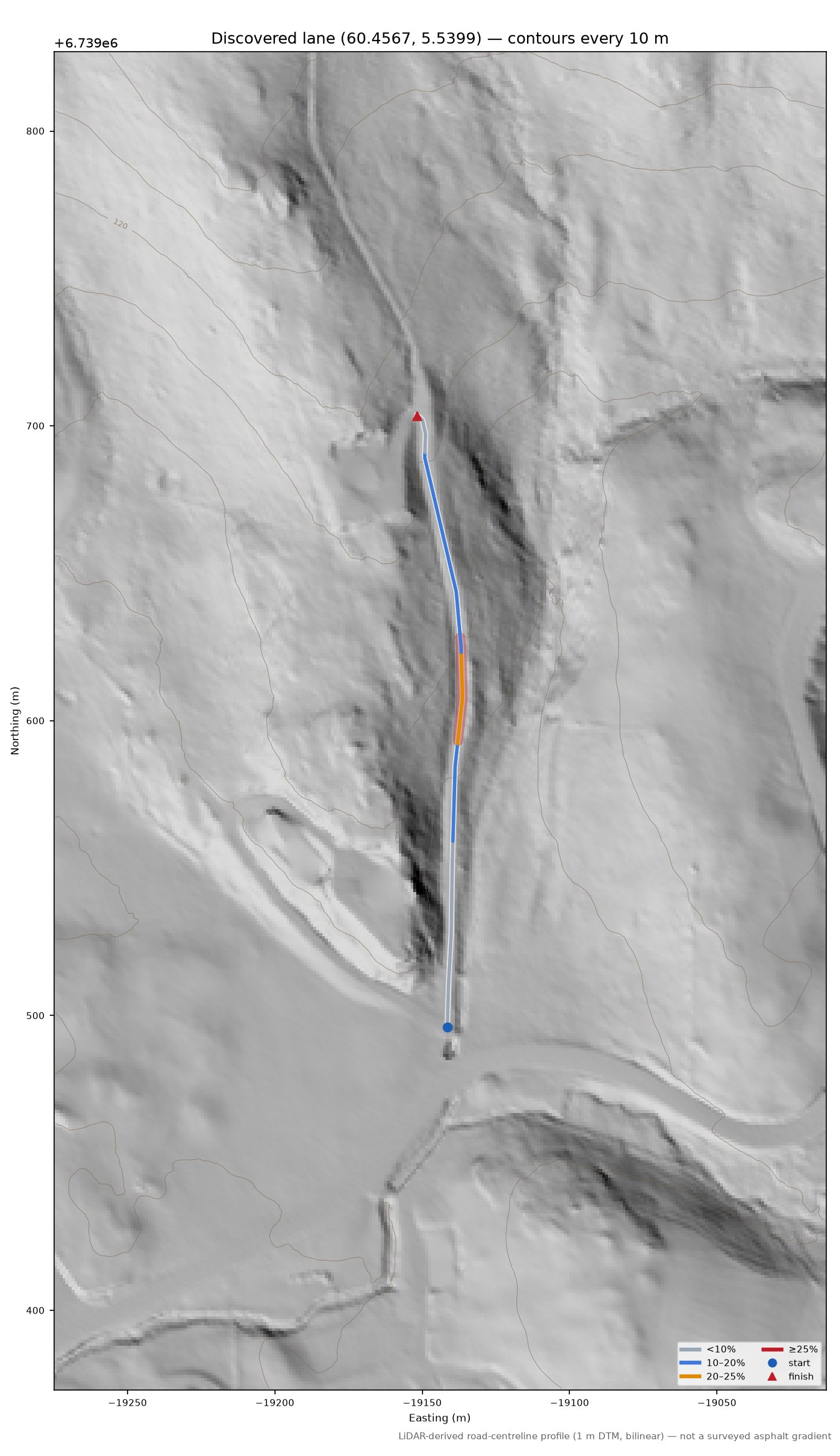 Lane near Halsbotnen LiDAR hillshade map with contours