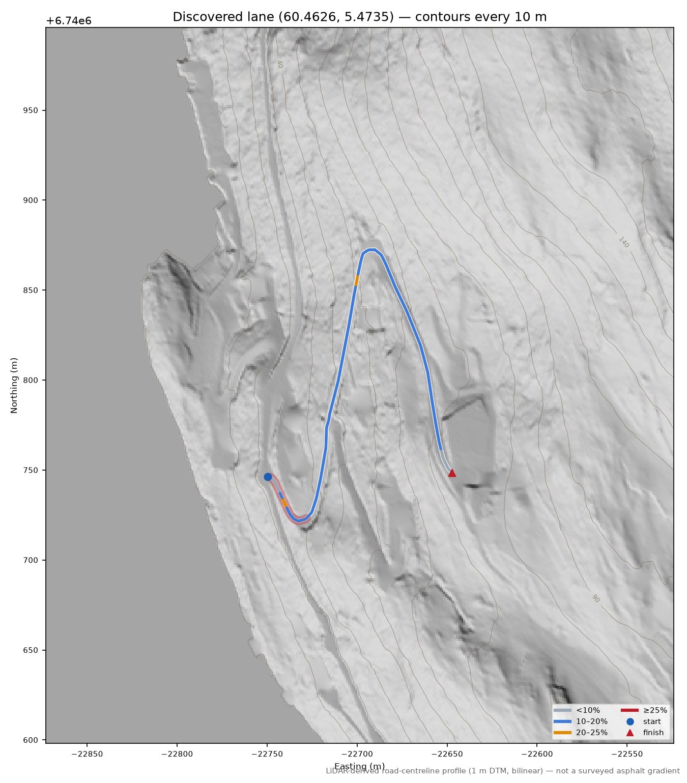 Votlavegen (Rivenes) LiDAR hillshade map with contours