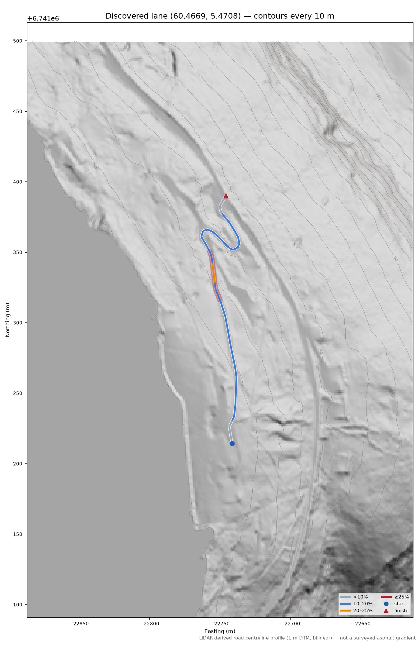 Votlavegen (Hovdane) LiDAR hillshade map with contours
