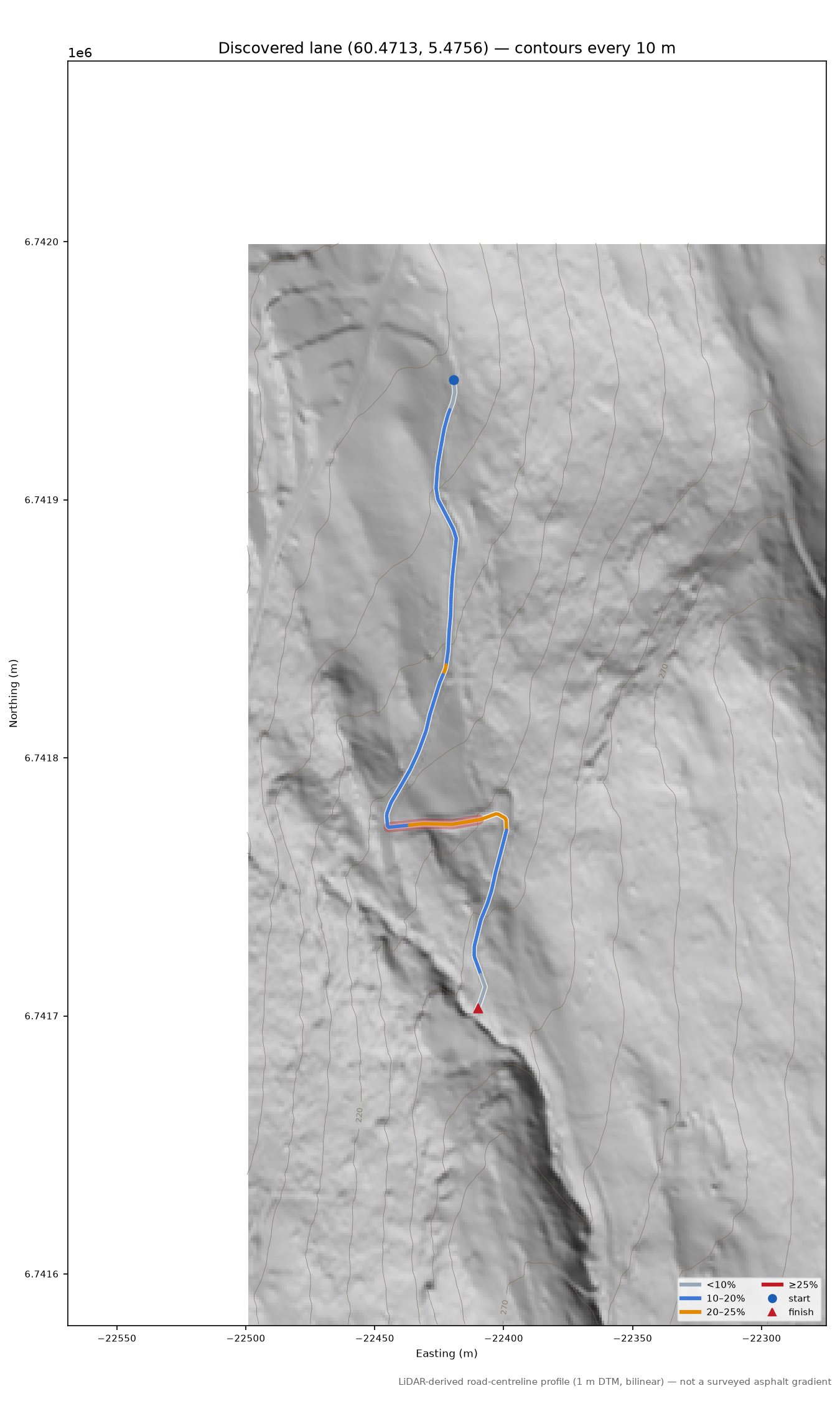 Lane near Årsegga LiDAR hillshade map with contours