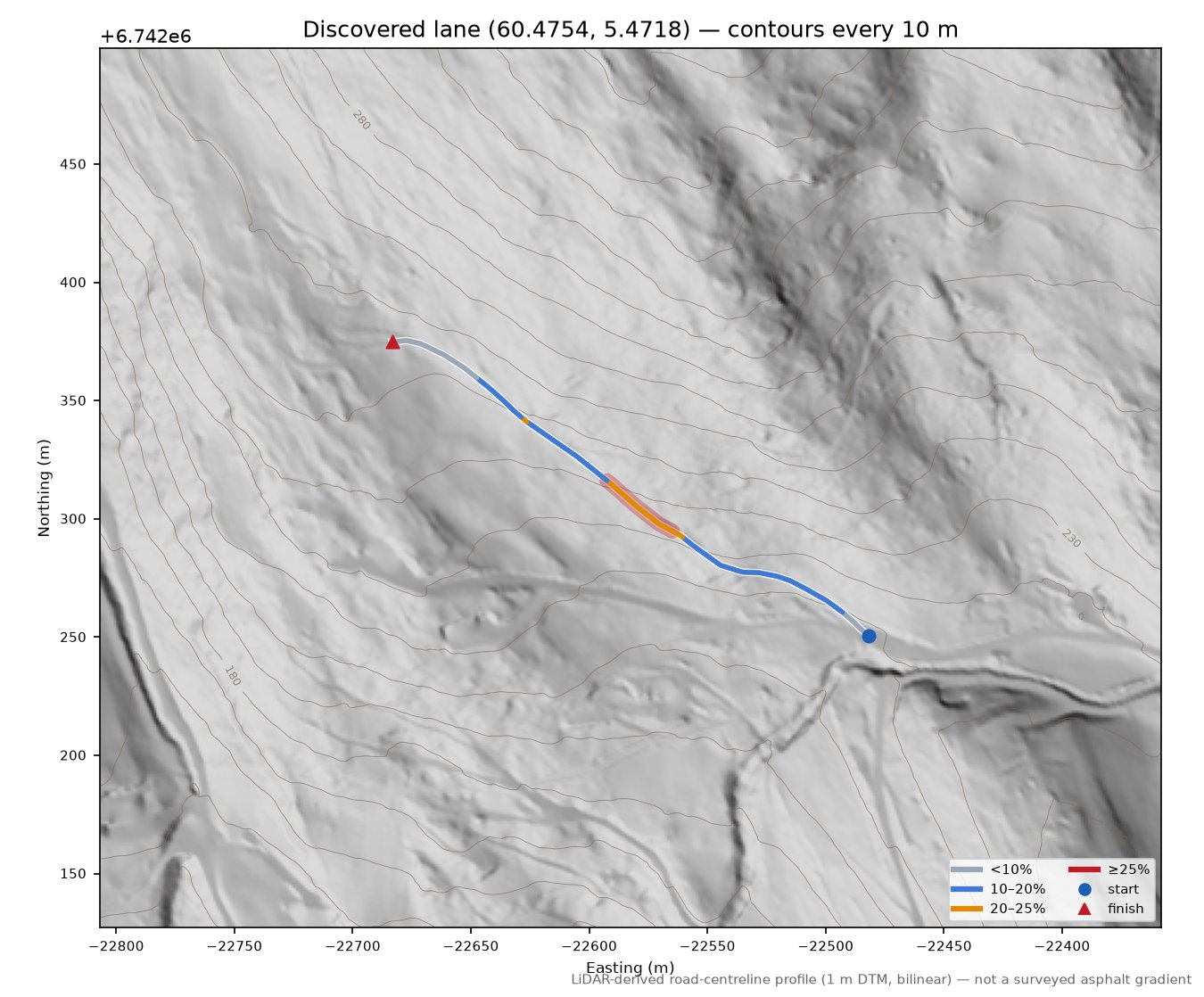 Lane near Askeland LiDAR hillshade map with contours