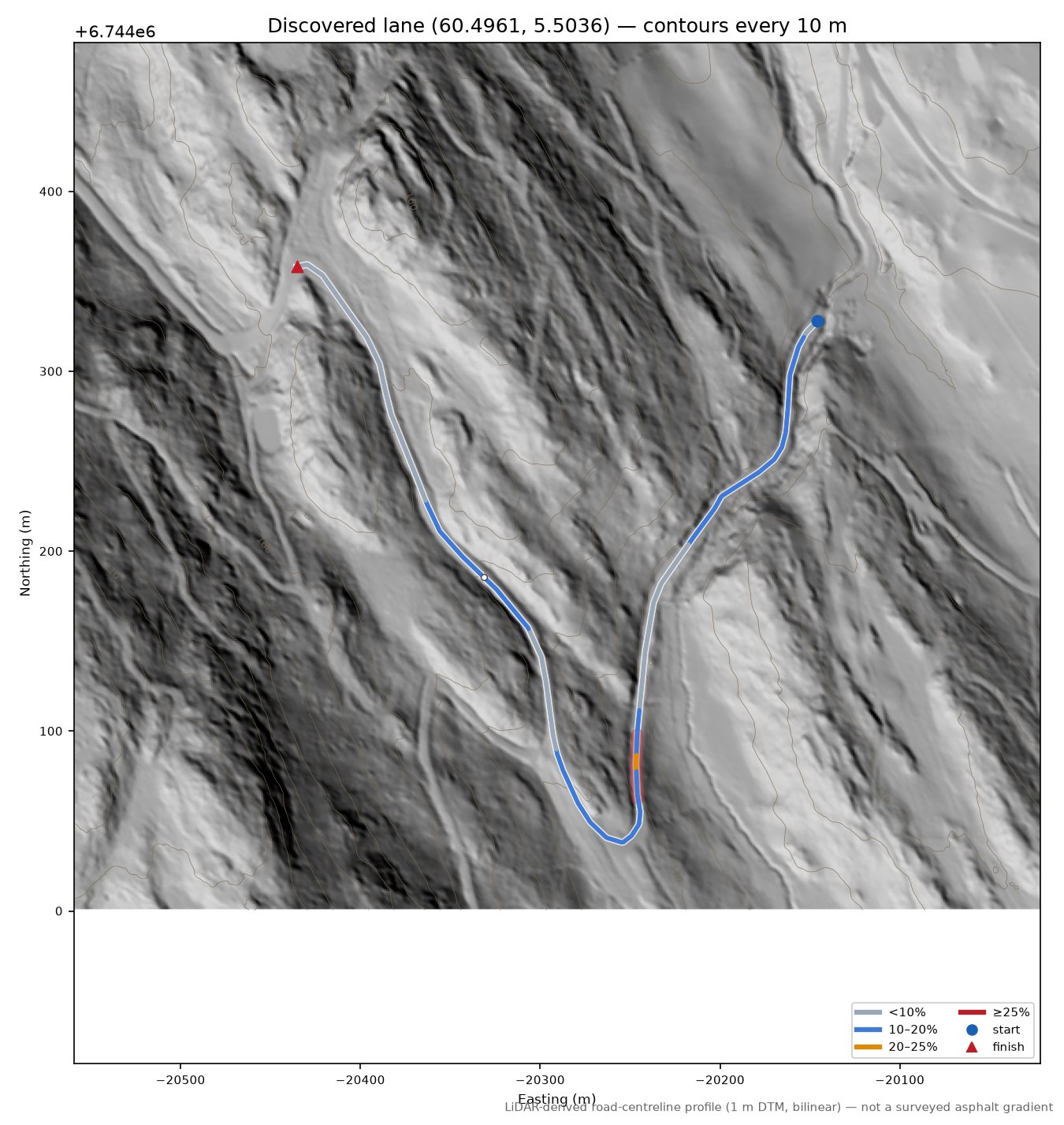 Lane near Stemmehaugane LiDAR hillshade map with contours