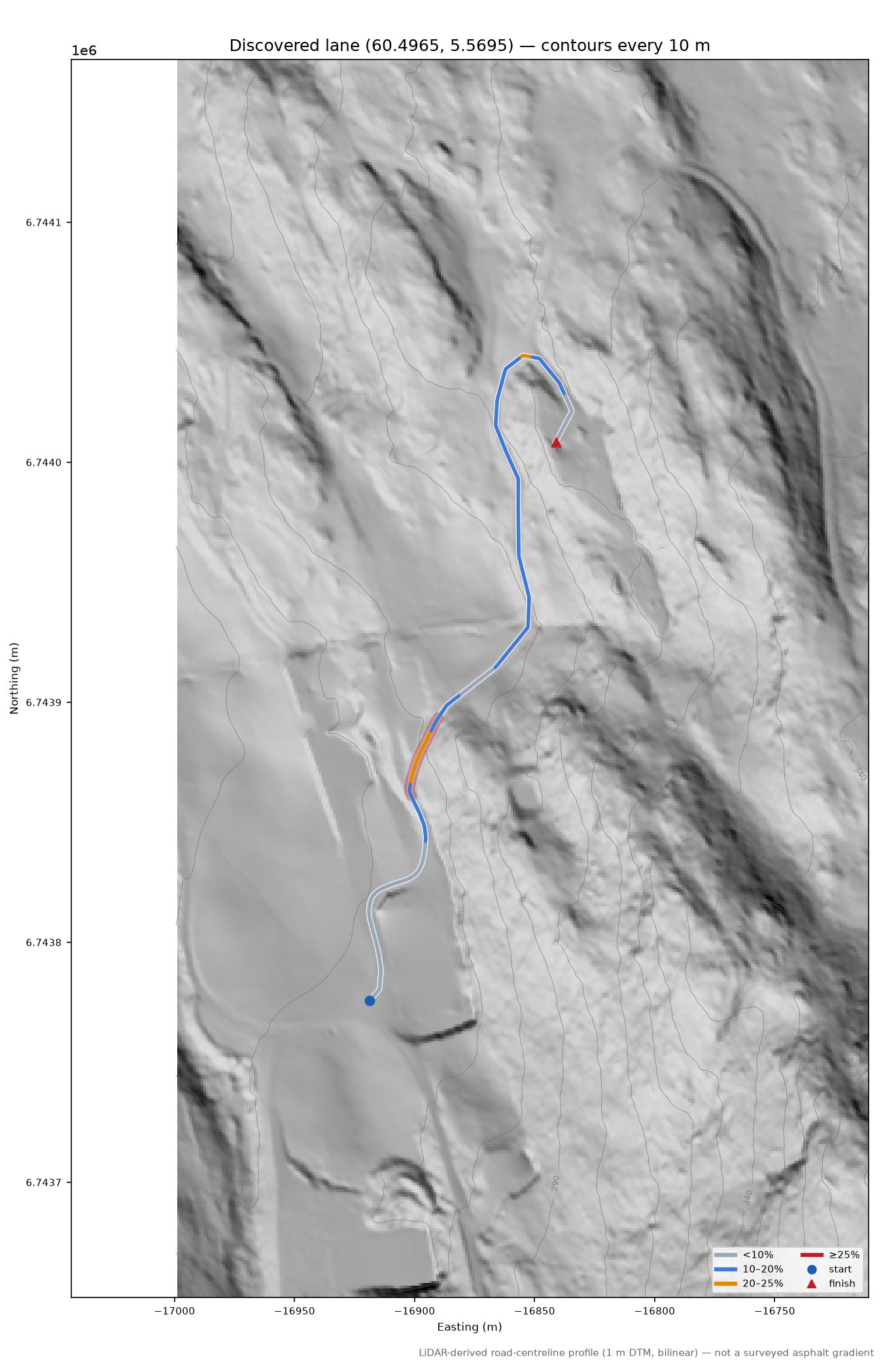 Lane near Hovdabotn LiDAR hillshade map with contours