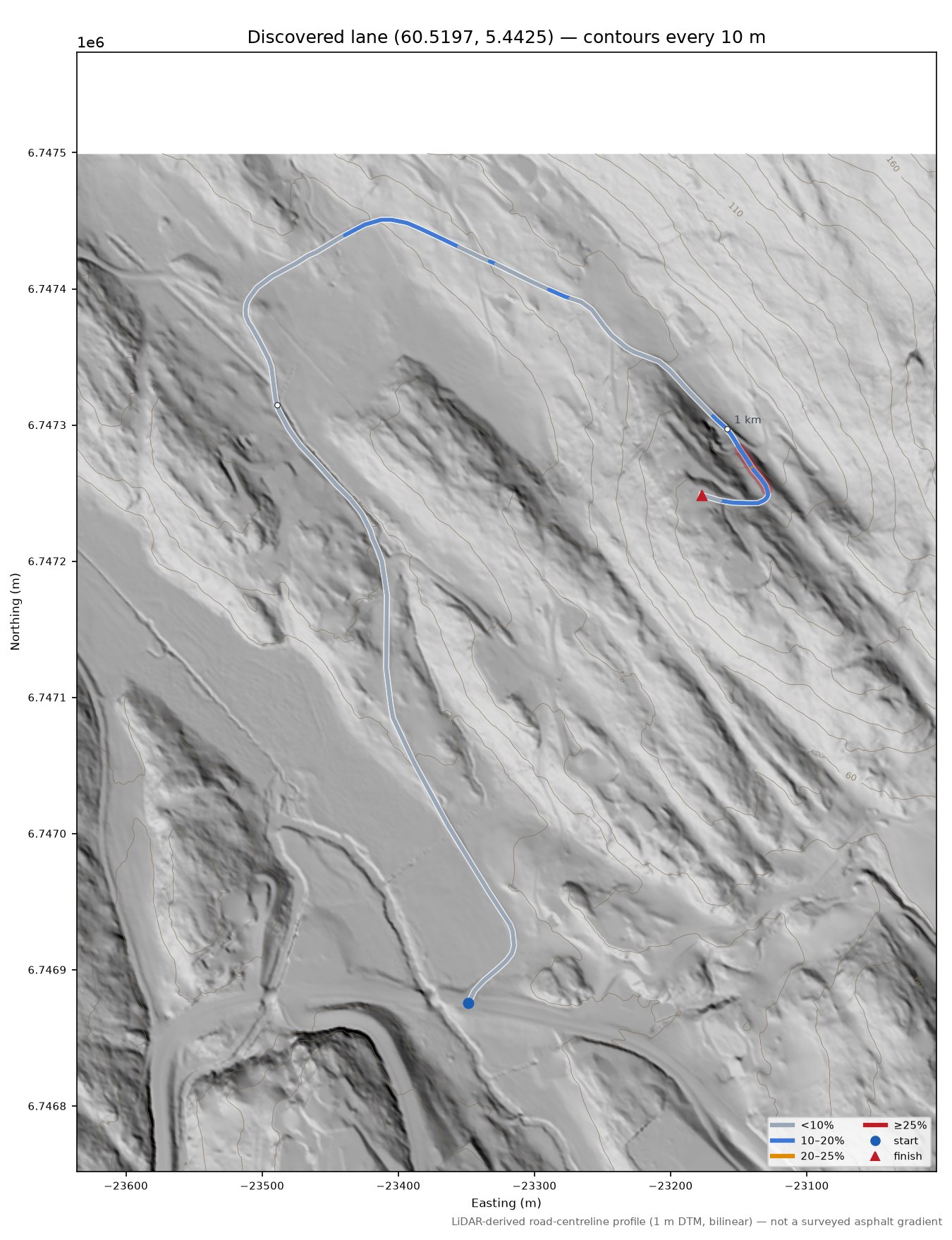 Valestrandsvegen (Burkeland) LiDAR hillshade map with contours