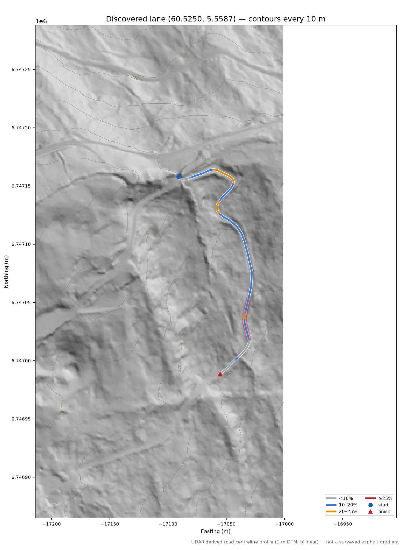 Lane near Stemmeleitet LiDAR hillshade map with contours