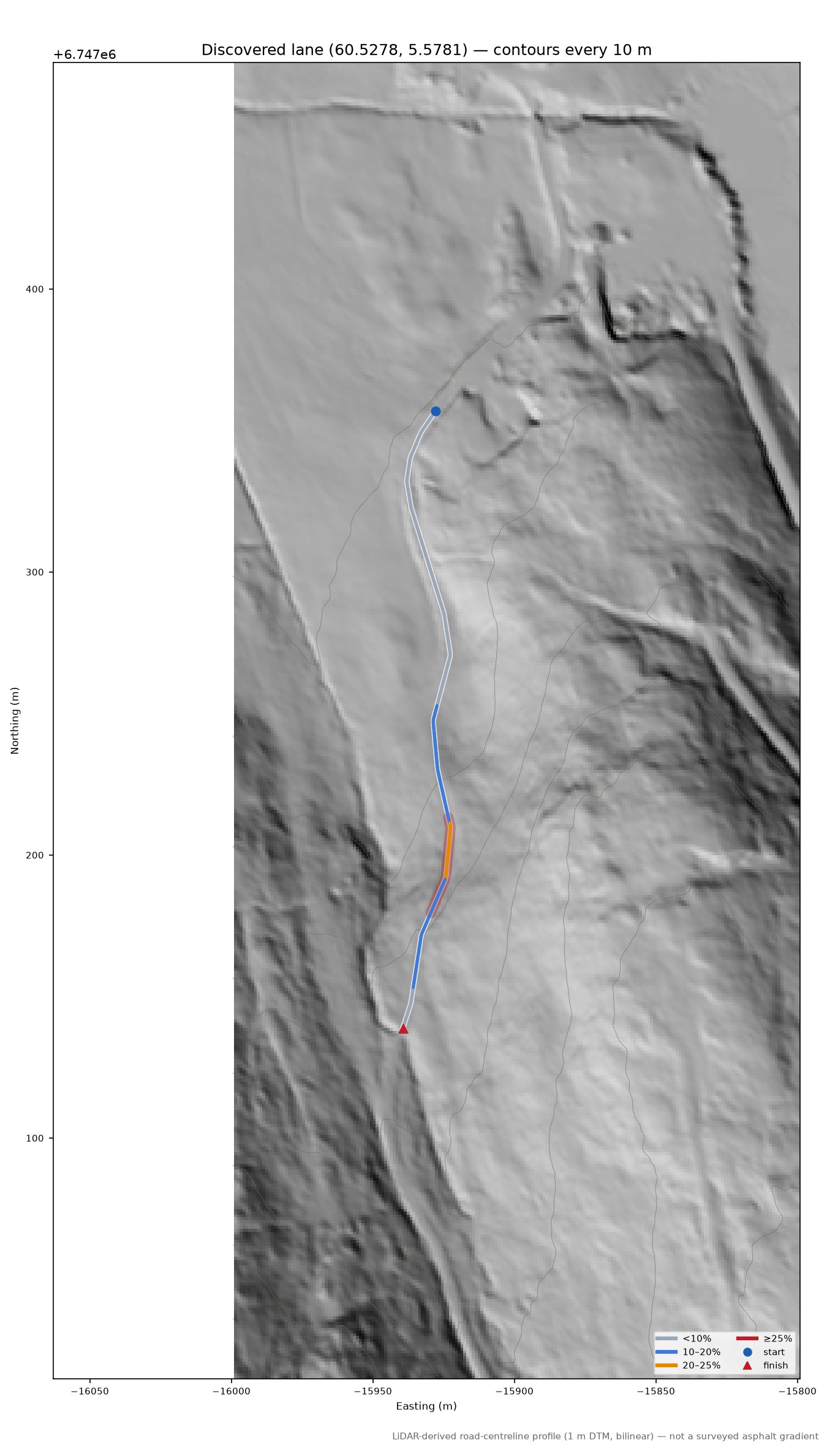 Lane near Fagerdalen LiDAR hillshade map with contours