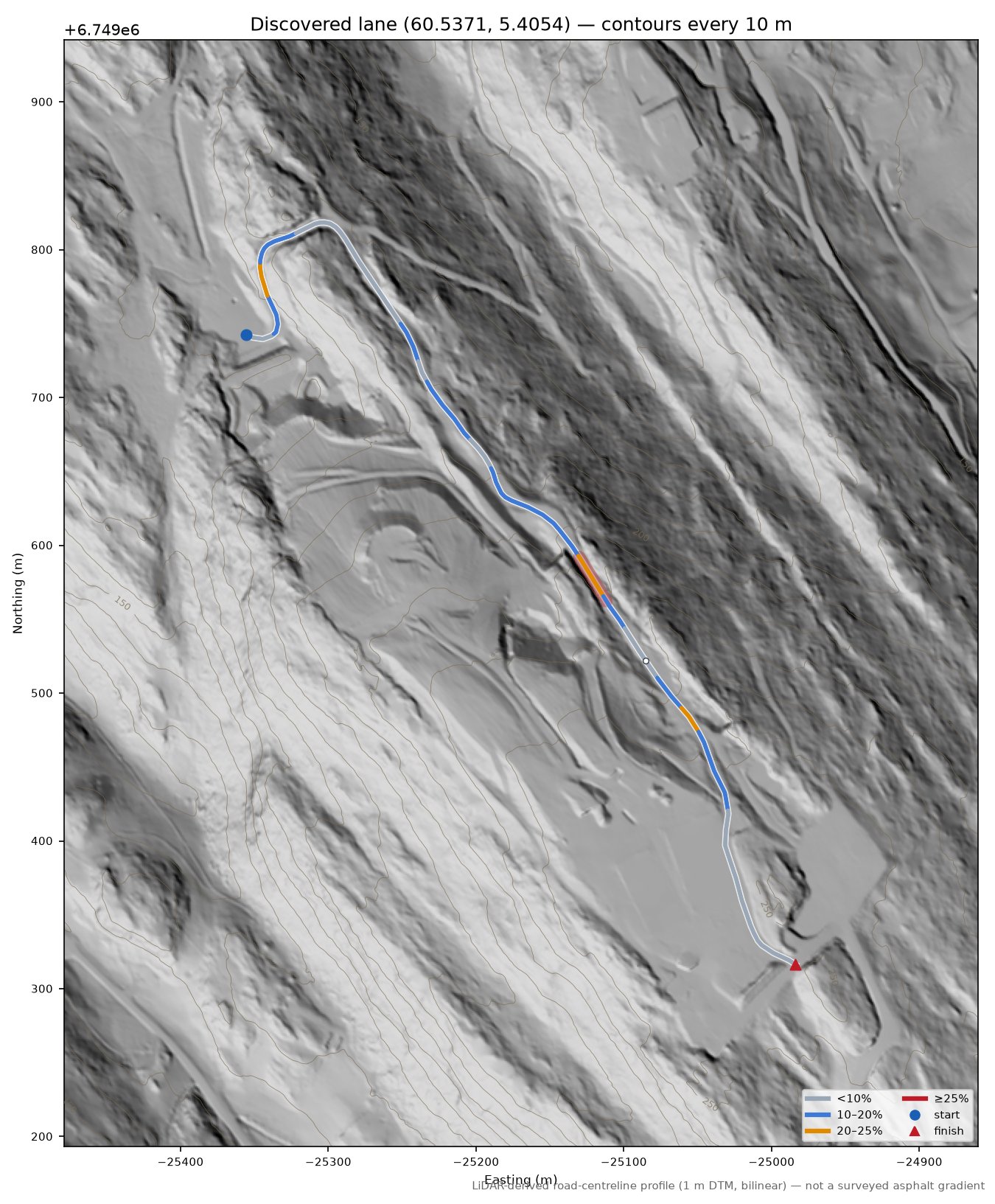 Lane near Trodalen LiDAR hillshade map with contours