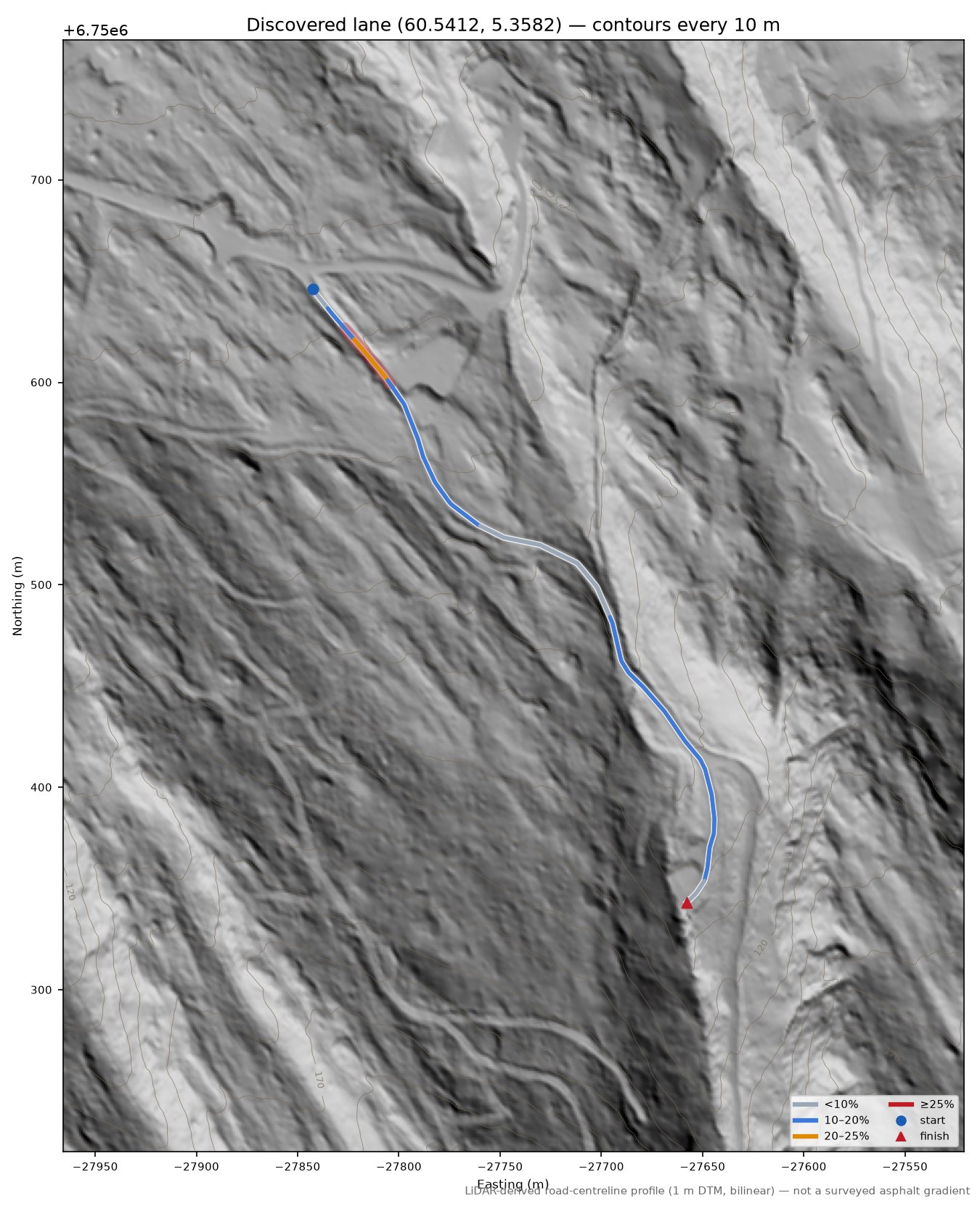 Lane near Skjenet LiDAR hillshade map with contours