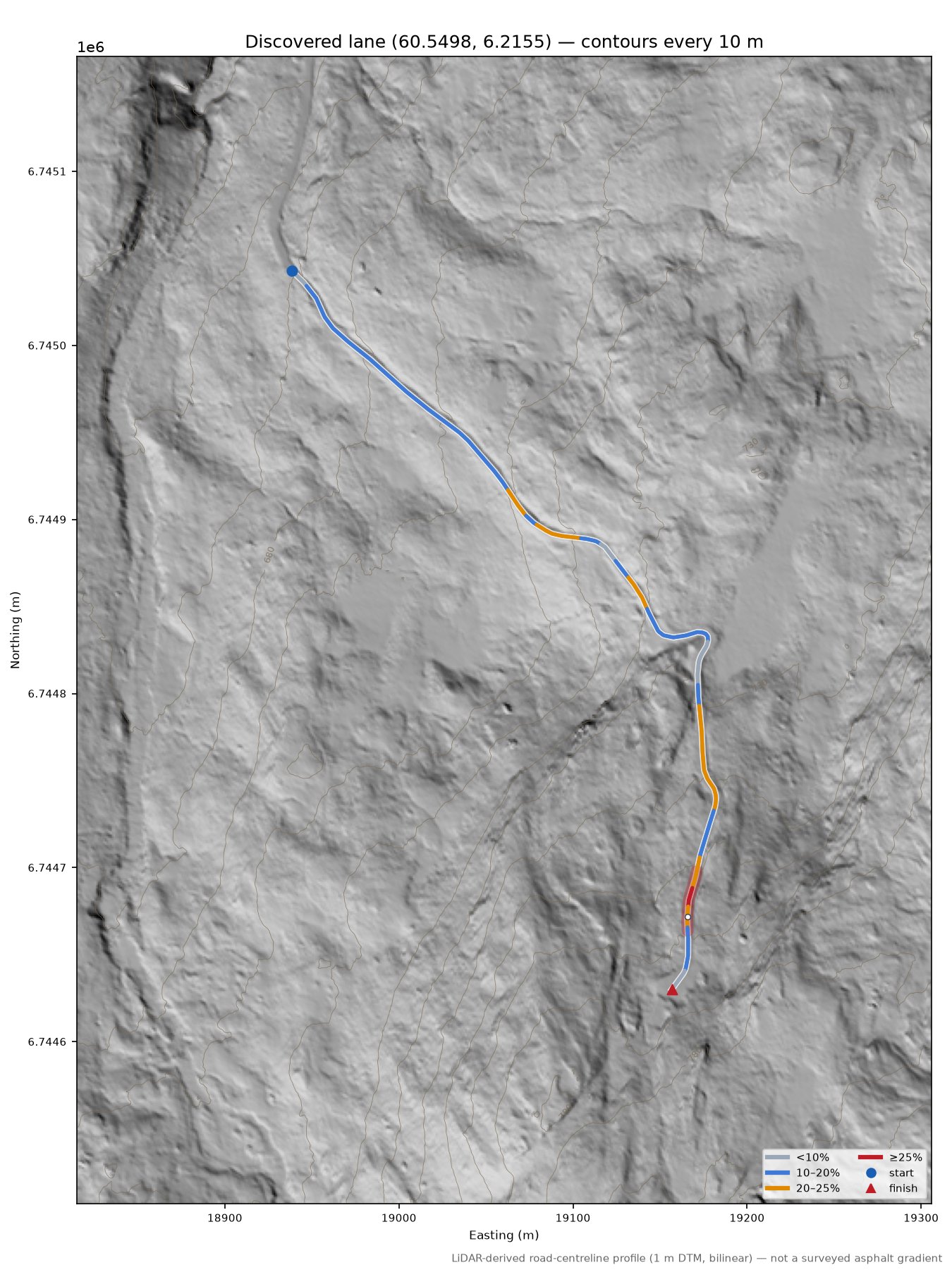 Lane near Kvålsdalen LiDAR hillshade map with contours