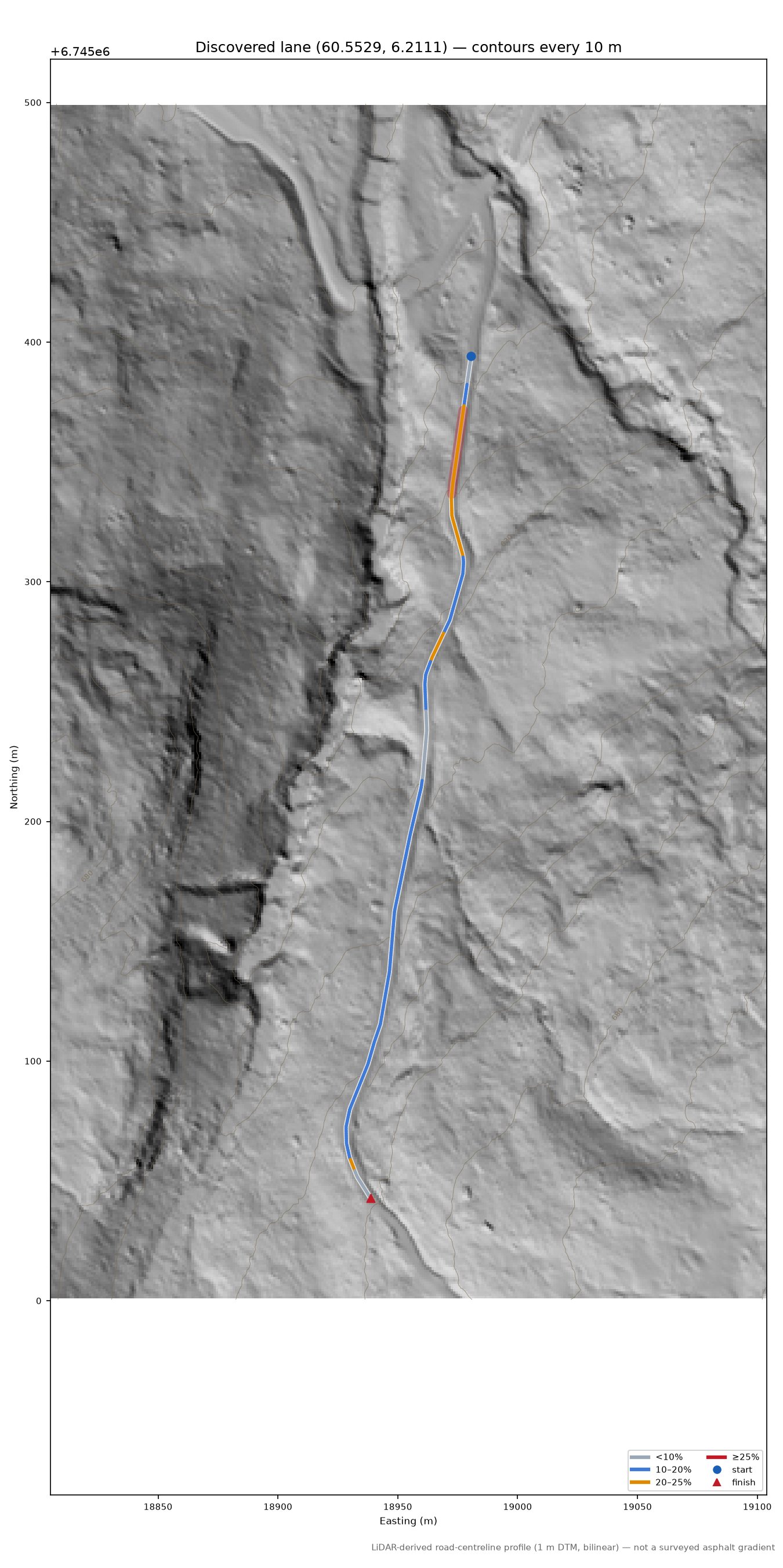 Lane near Hornaberg LiDAR hillshade map with contours