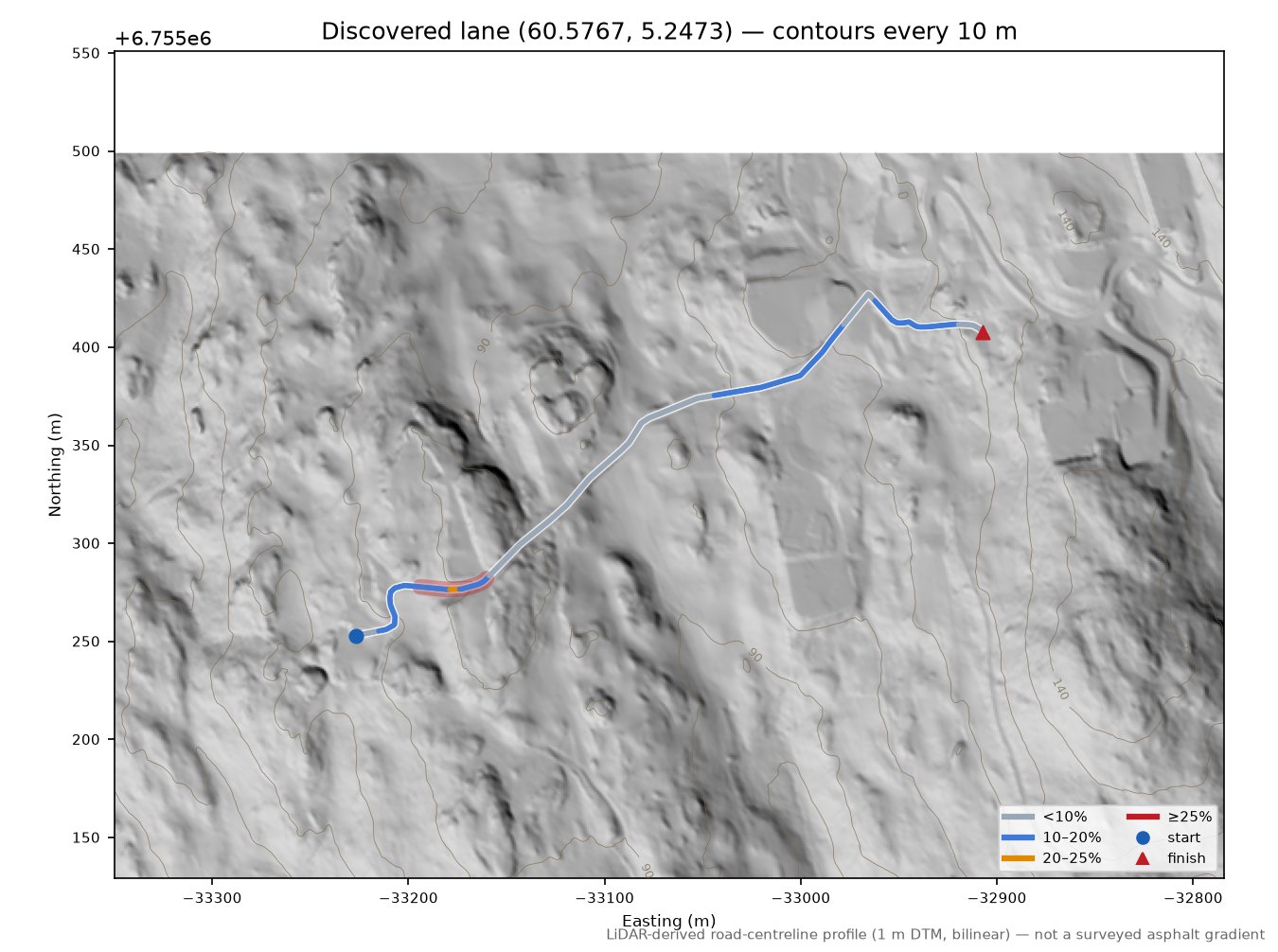Erstadvegen (Erstad) LiDAR hillshade map with contours
