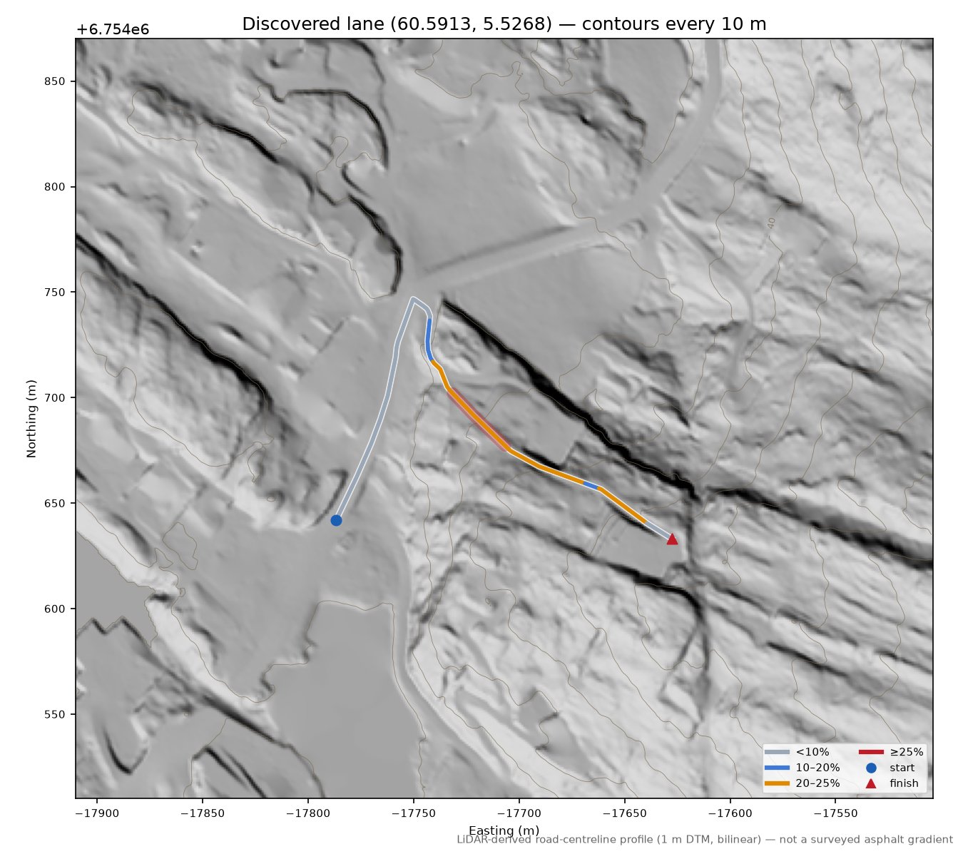 Osterøyvegen (Fotlandsvåg) LiDAR hillshade map with contours