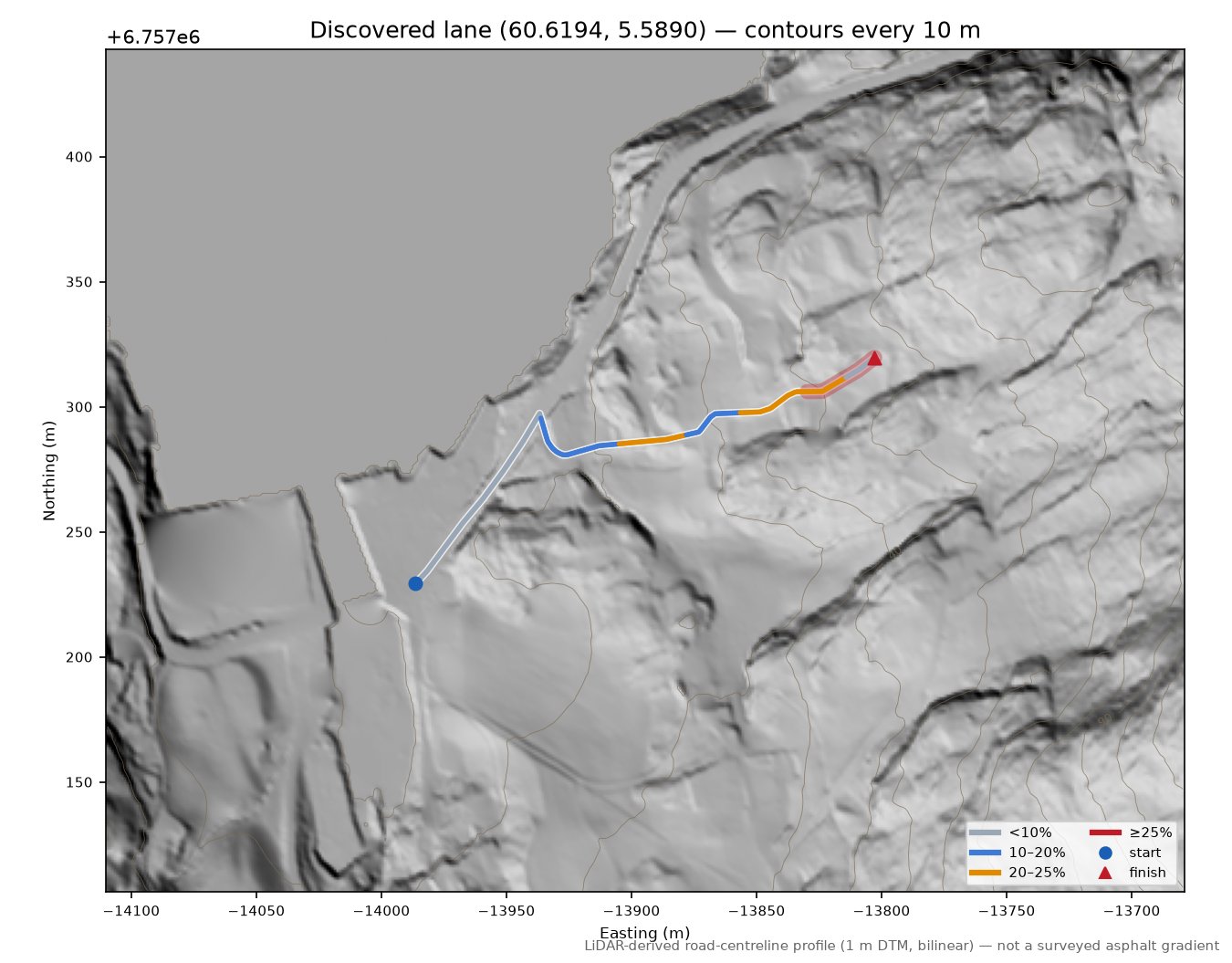 Osterøyvegen (Tysso) LiDAR hillshade map with contours