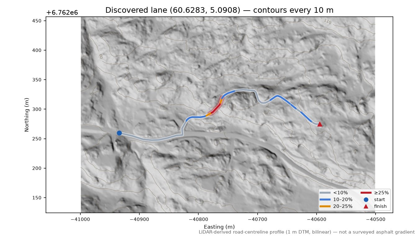 Radøyvegen (Kollstad) LiDAR hillshade map with contours