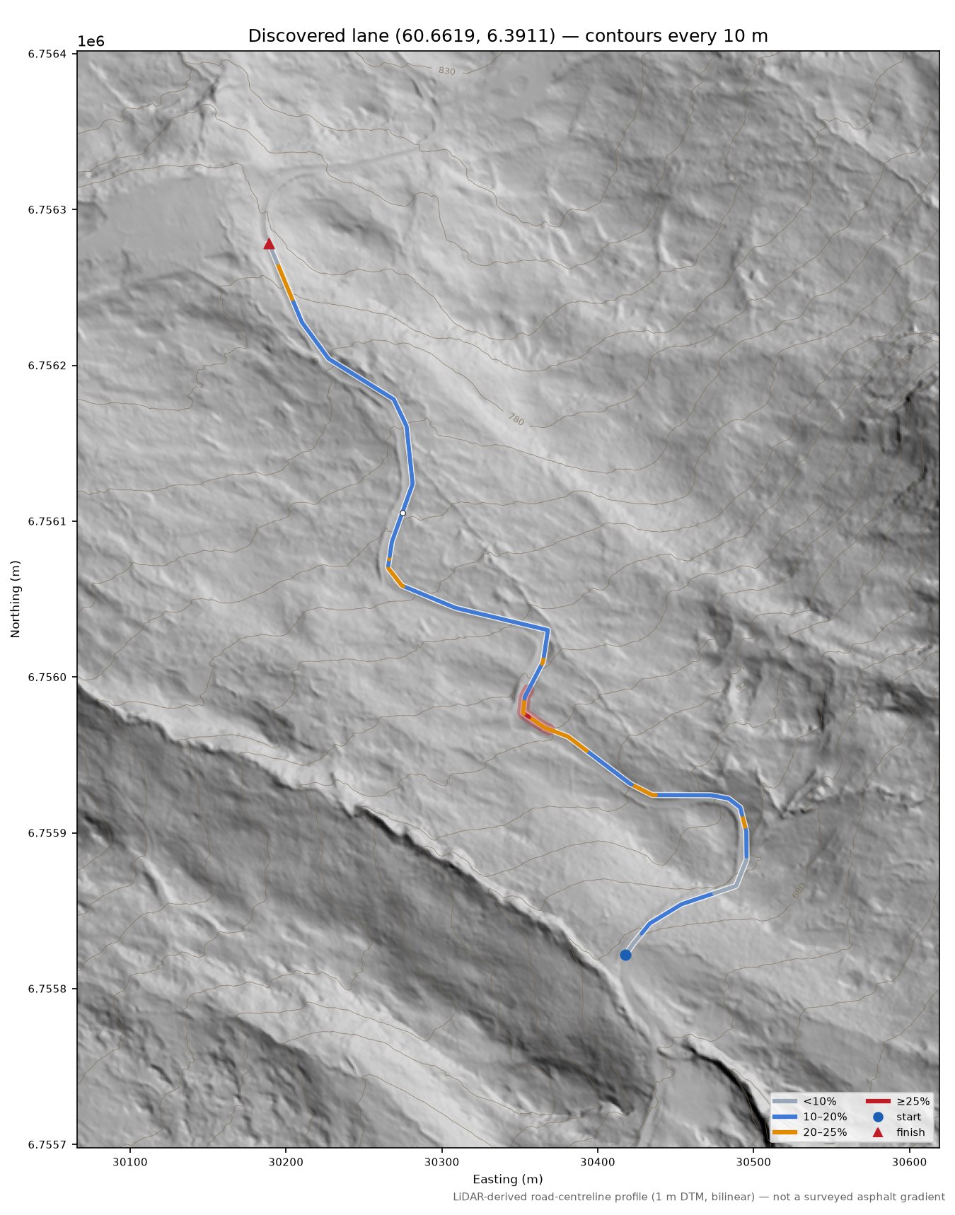 Lane near Trodastølen LiDAR hillshade map with contours
