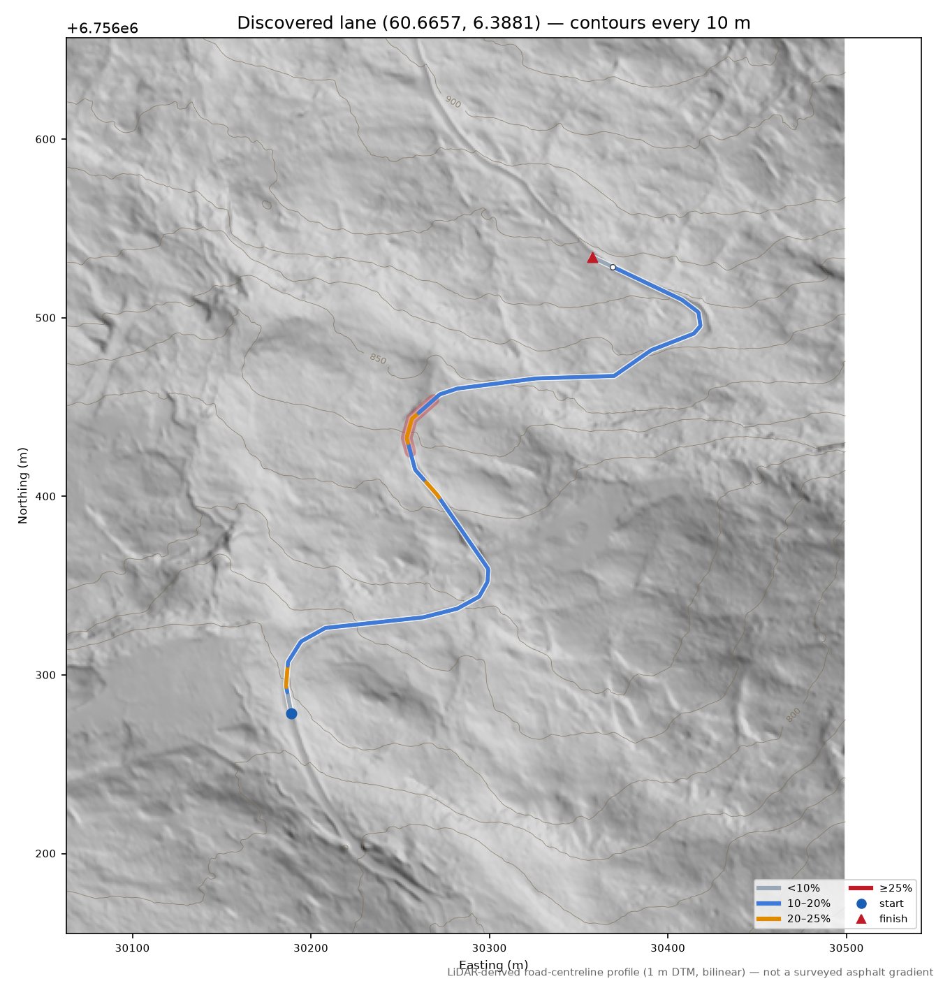 Lane near Nyestølen LiDAR hillshade map with contours