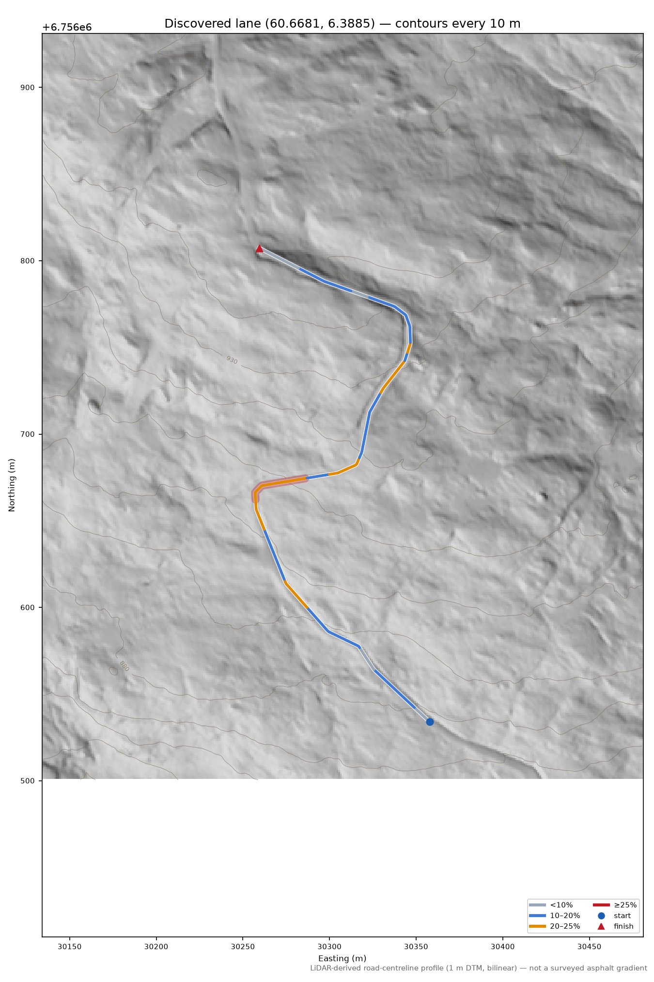 Lane near Nyestølen LiDAR hillshade map with contours