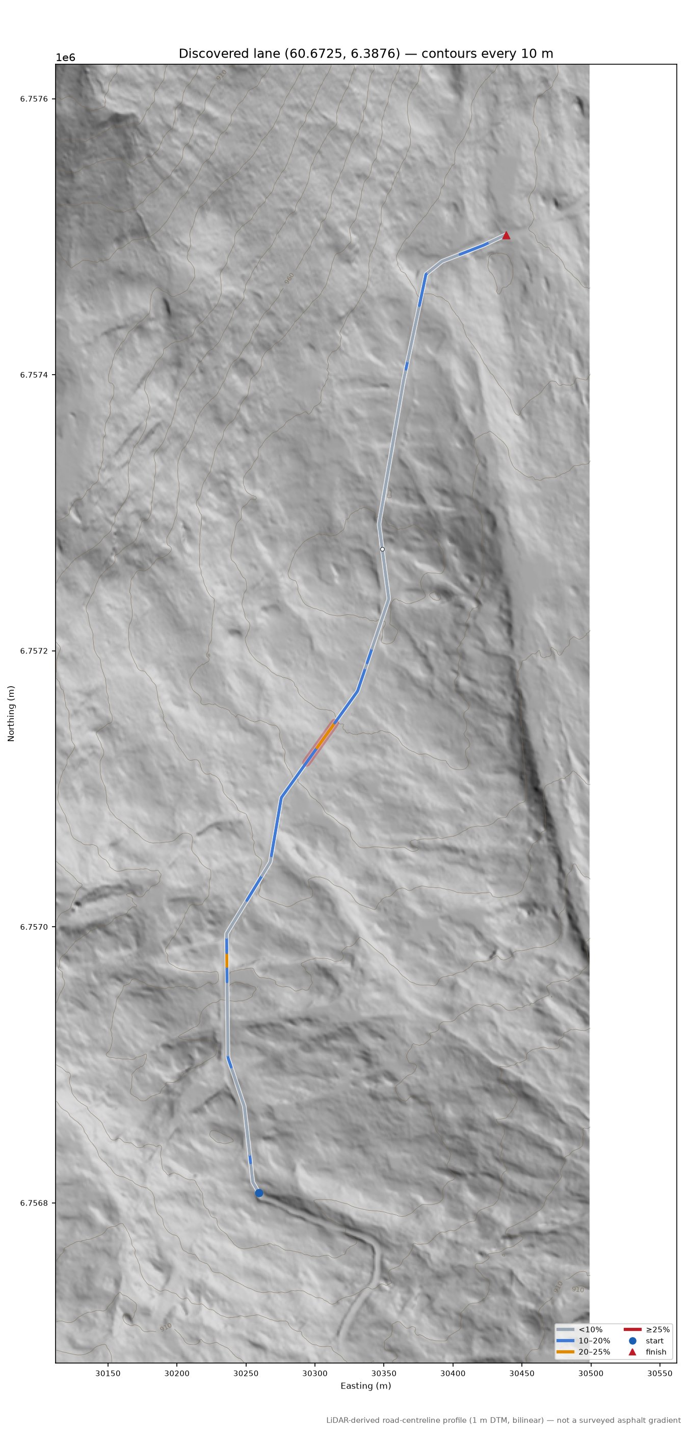 Lane near Nyestølen LiDAR hillshade map with contours