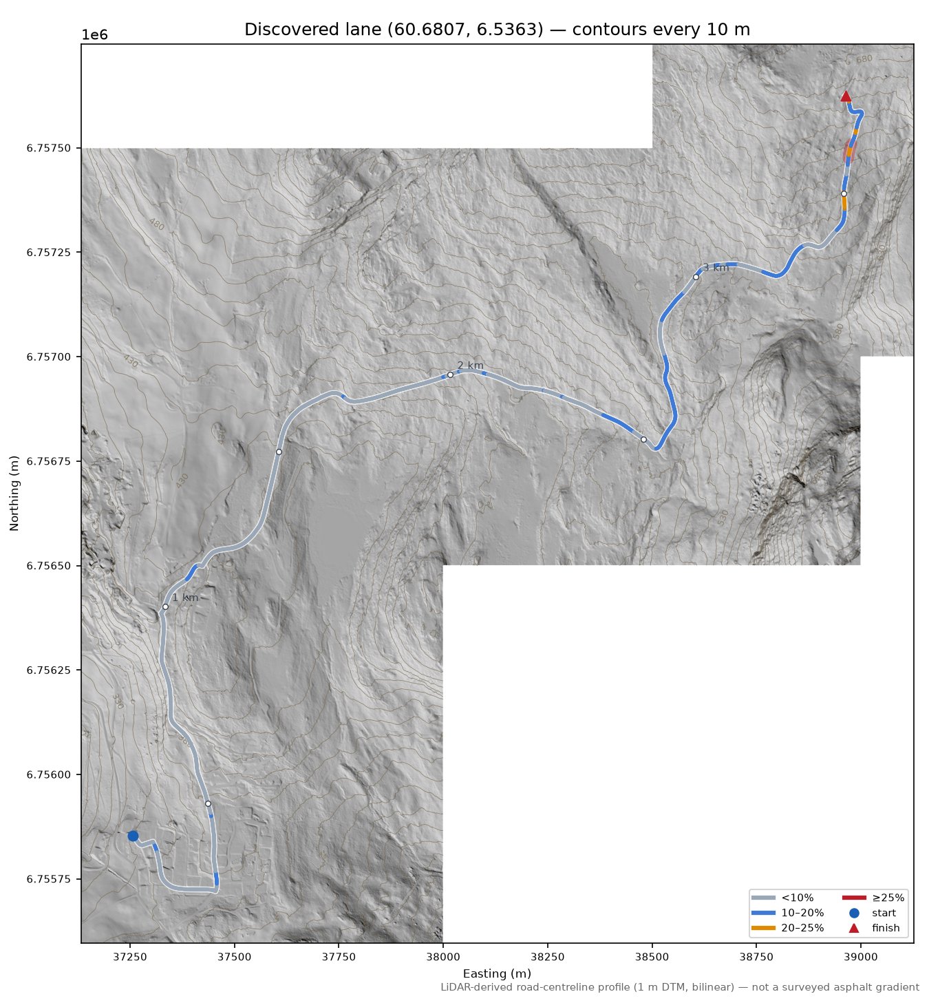 Lemmesvegen (Skjevlingen) LiDAR hillshade map with contours