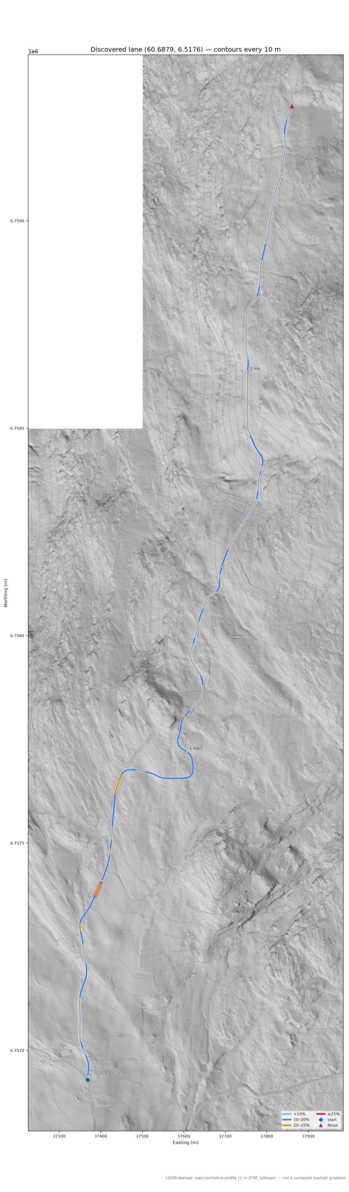 Lemmesvegen (Skjevlingen) LiDAR hillshade map with contours