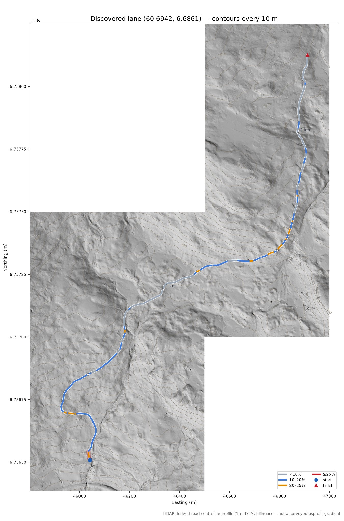Beresvegen (Kyrkjegarden) LiDAR hillshade map with contours