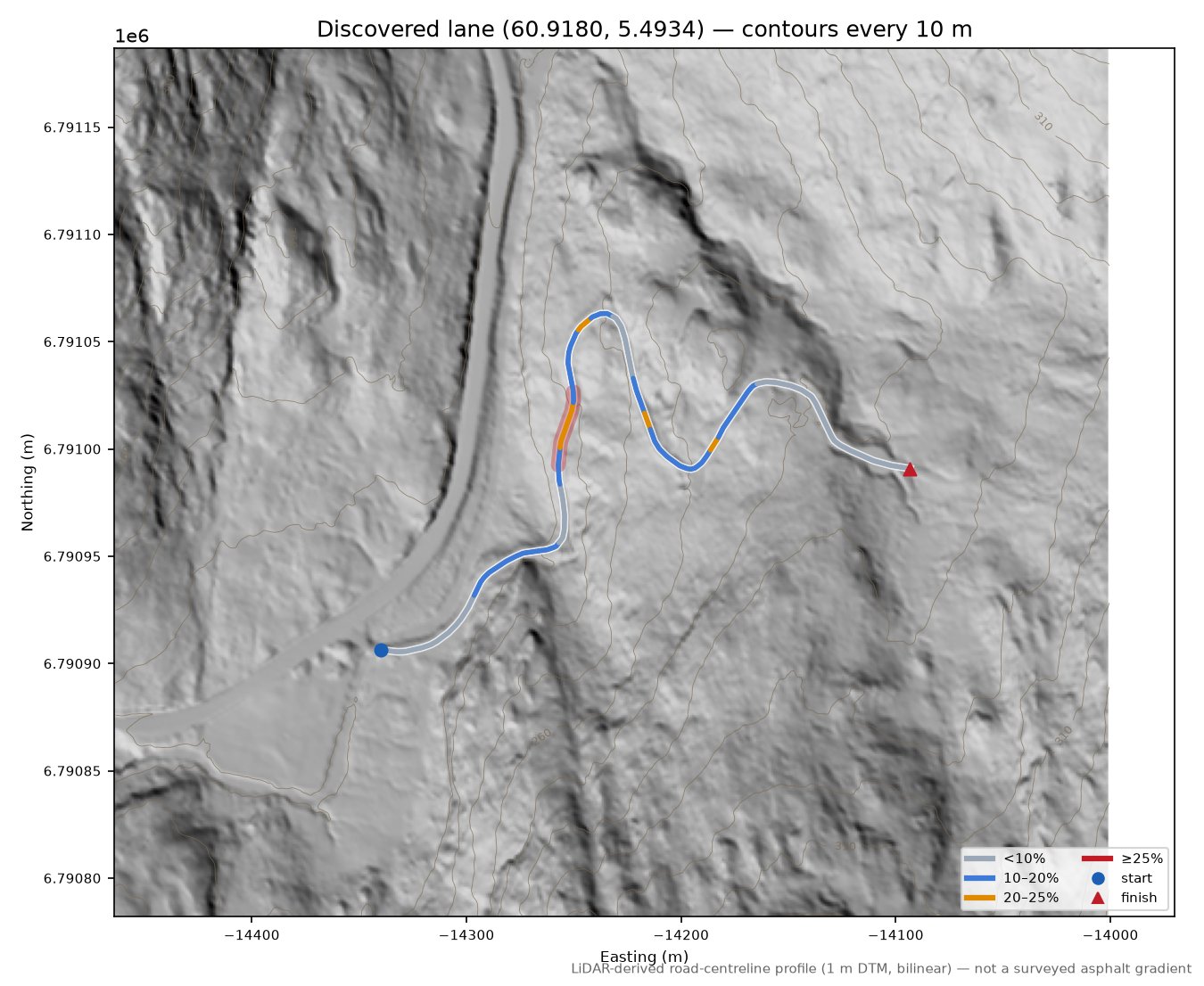 Lane near Lona LiDAR hillshade map with contours