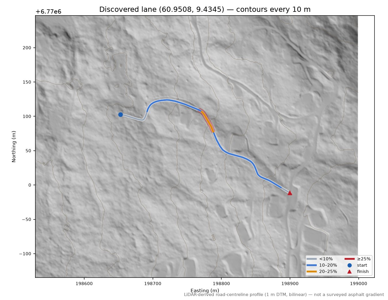 Auståsvegen (Geiteberget) LiDAR hillshade map with contours