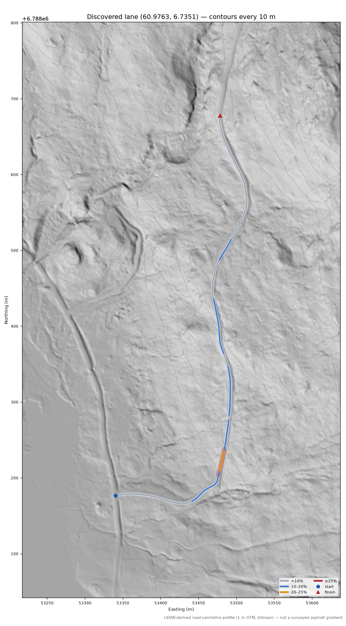 Lane near Øvstedalen LiDAR hillshade map with contours