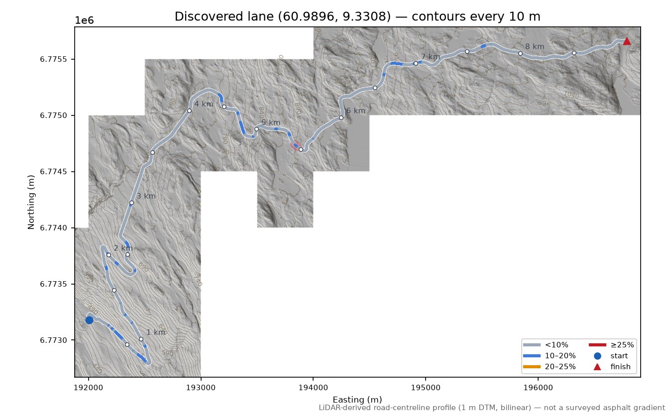 Månovegen (Dølahovda) LiDAR hillshade map with contours
