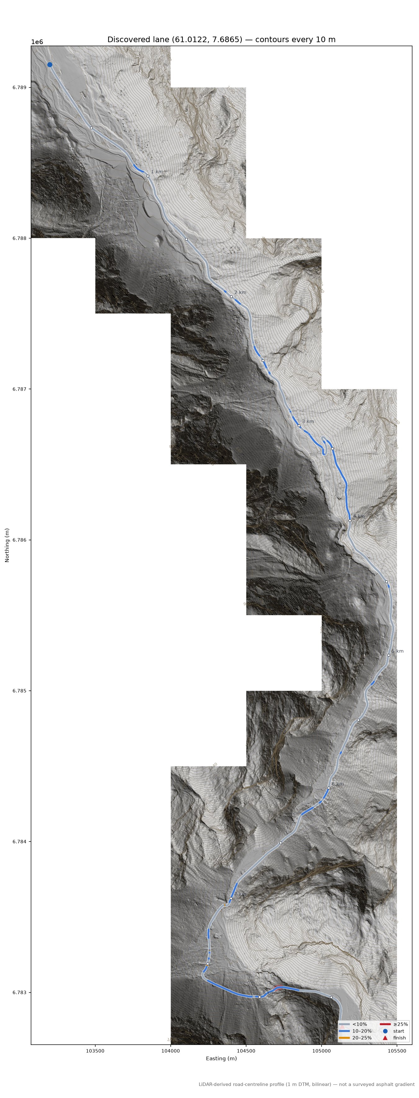 Mosvegen (Holebakkane) LiDAR hillshade map with contours