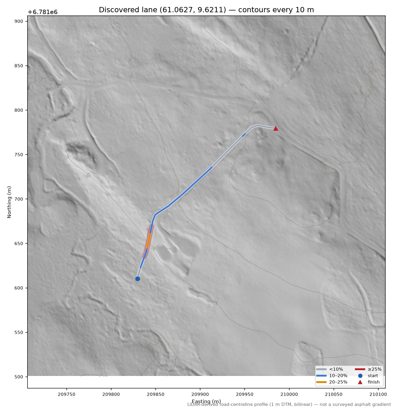 Briskehallvegen (Åset) LiDAR hillshade map with contours