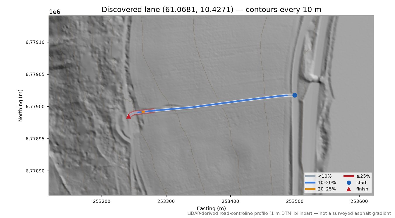 Vingromsvegen (Røyne) LiDAR hillshade map with contours