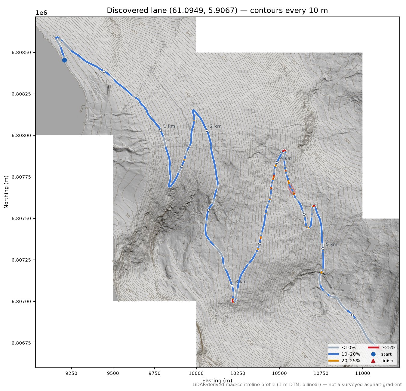 Søreidetunnelen (Stølgarden) LiDAR hillshade map with contours